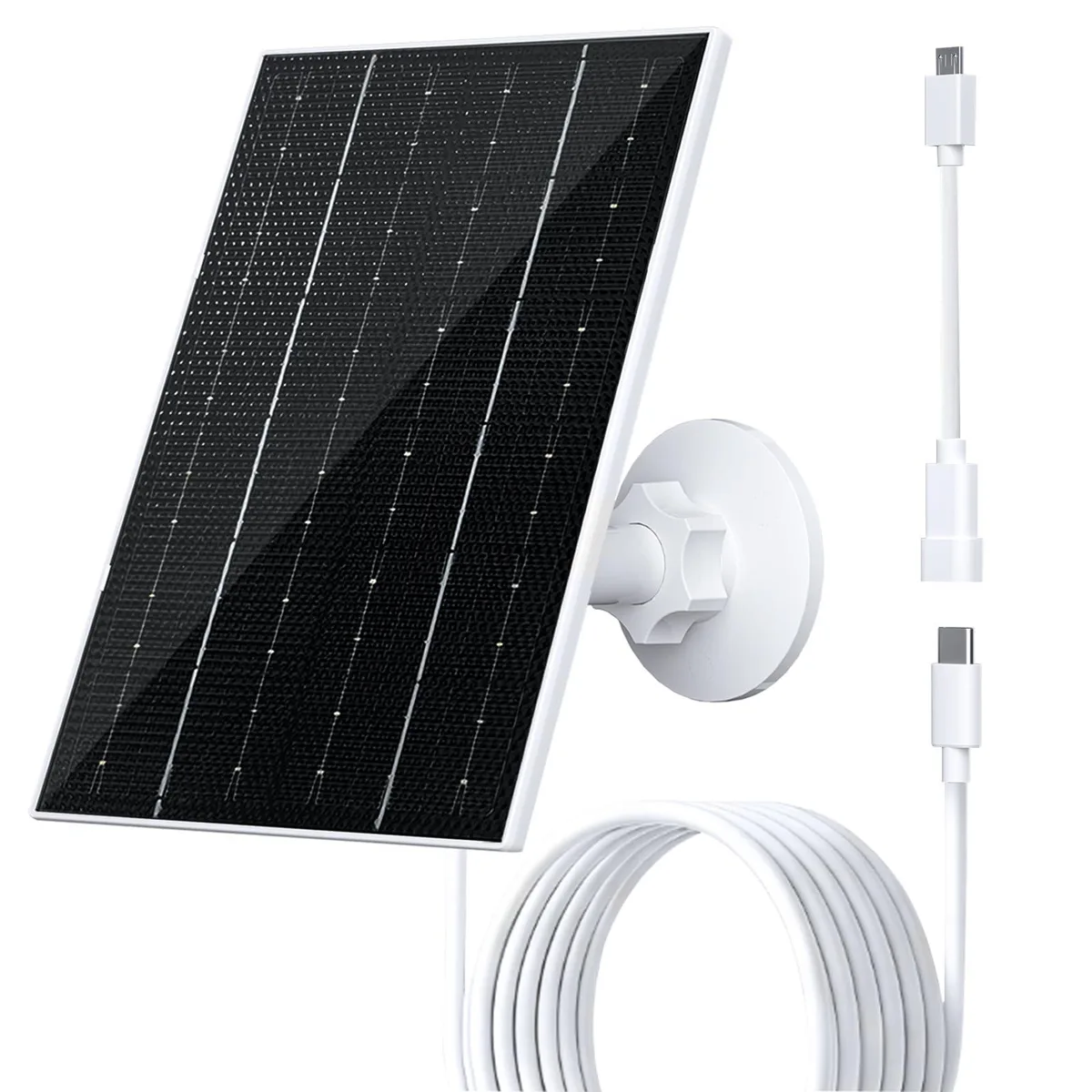 White rectangular solar panel with adjustable bracket and long cable