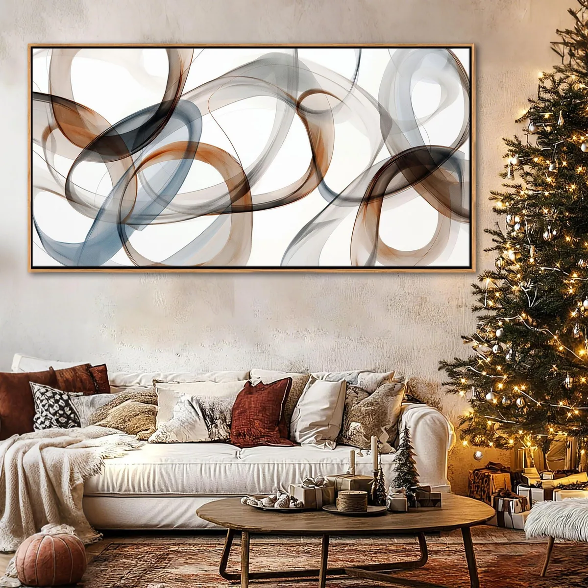 Framed canvas wall art, brown wood frame, 40 by 20 inches