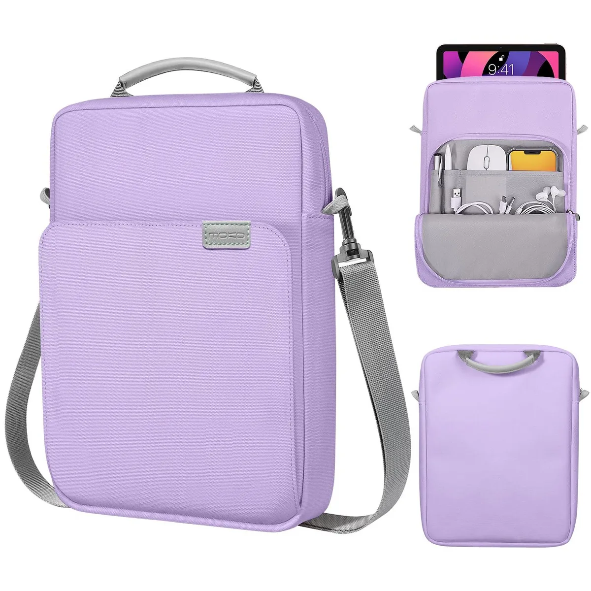 Purple polyester tablet sleeve with handle and shoulder strap, front zip pocket, mesh pocket, pen slots, fits 9-11 inch devices