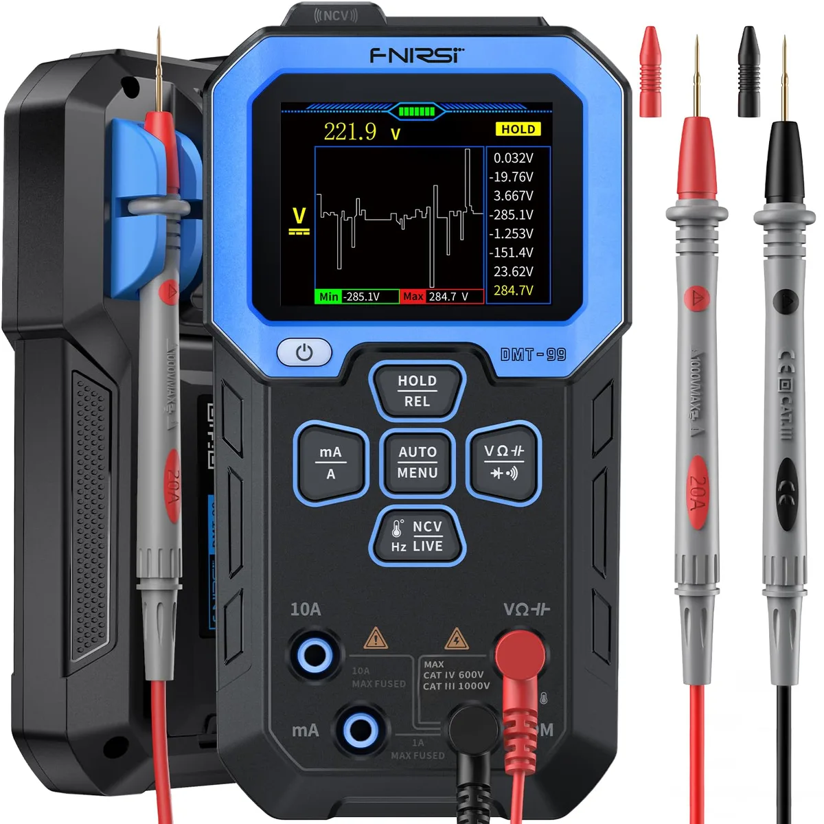 FNIRSI DMT-99 multimeter, 2.4 inch colour TFT screen, orange case, test leads included