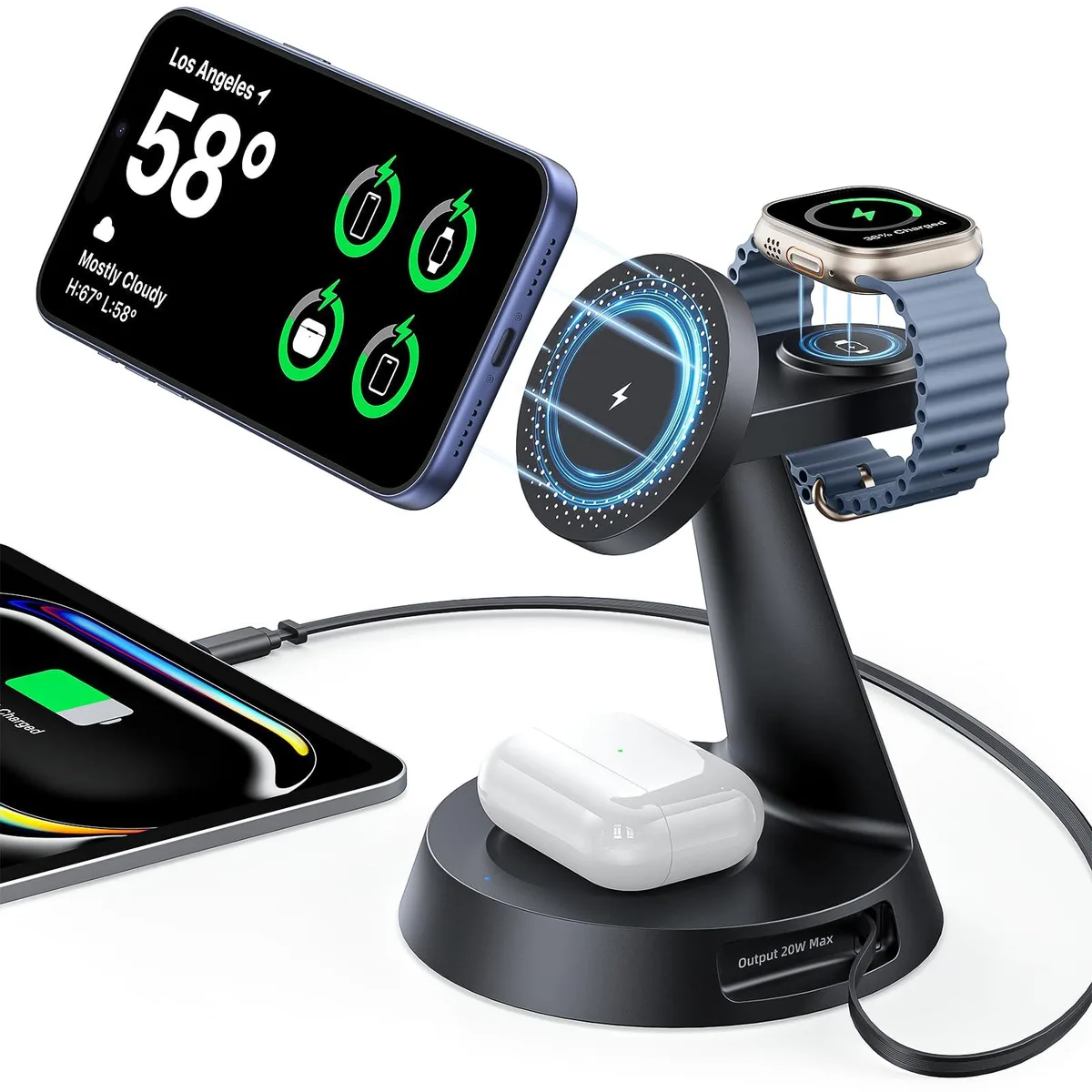  Meifigno F9 pro 4 in 1 Magnetic Wireless Charger 20W Retractable Cable Black — product photo