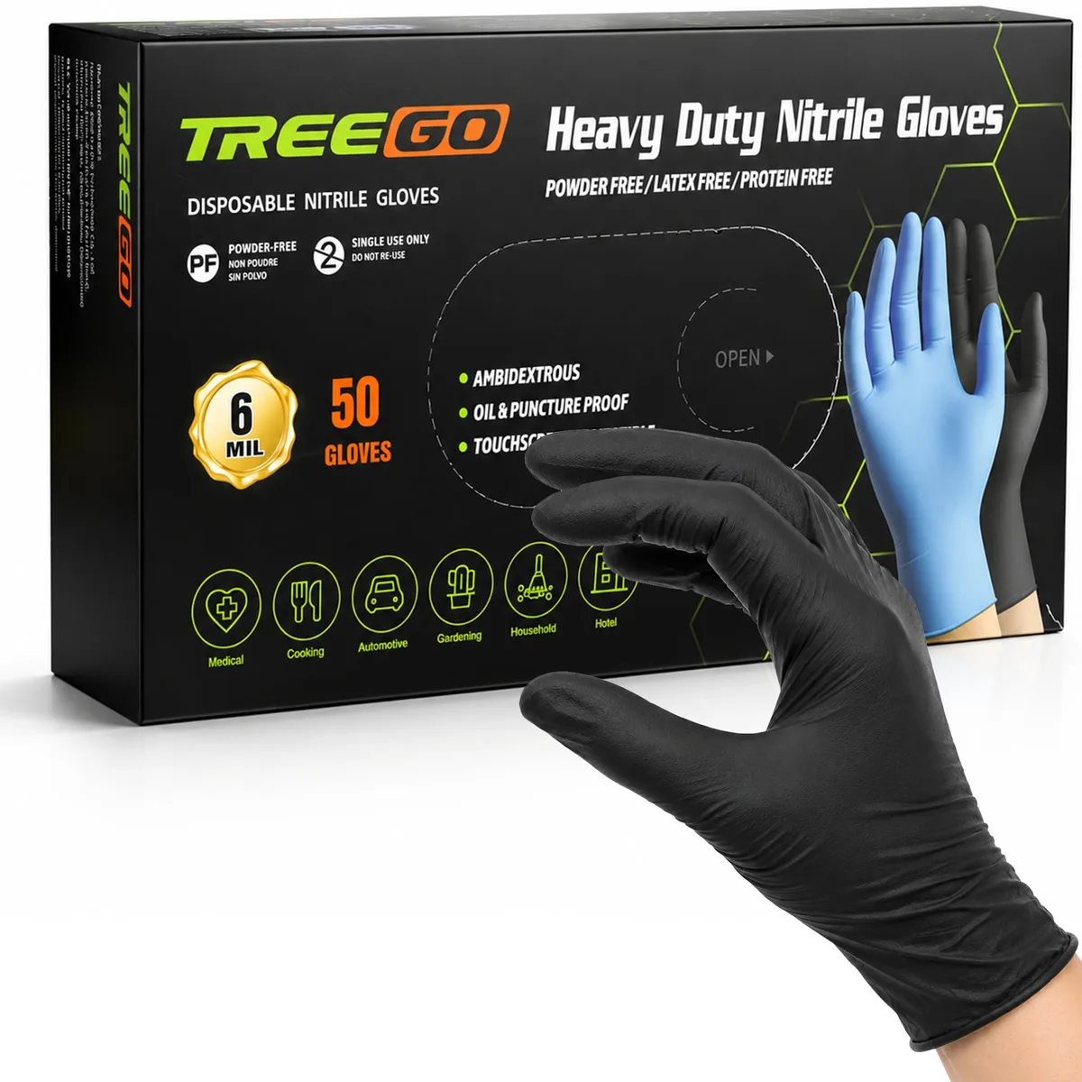 TREEGO Black Nitrile Disposable Gloves Medium 6 Mil 50 Count — product photo