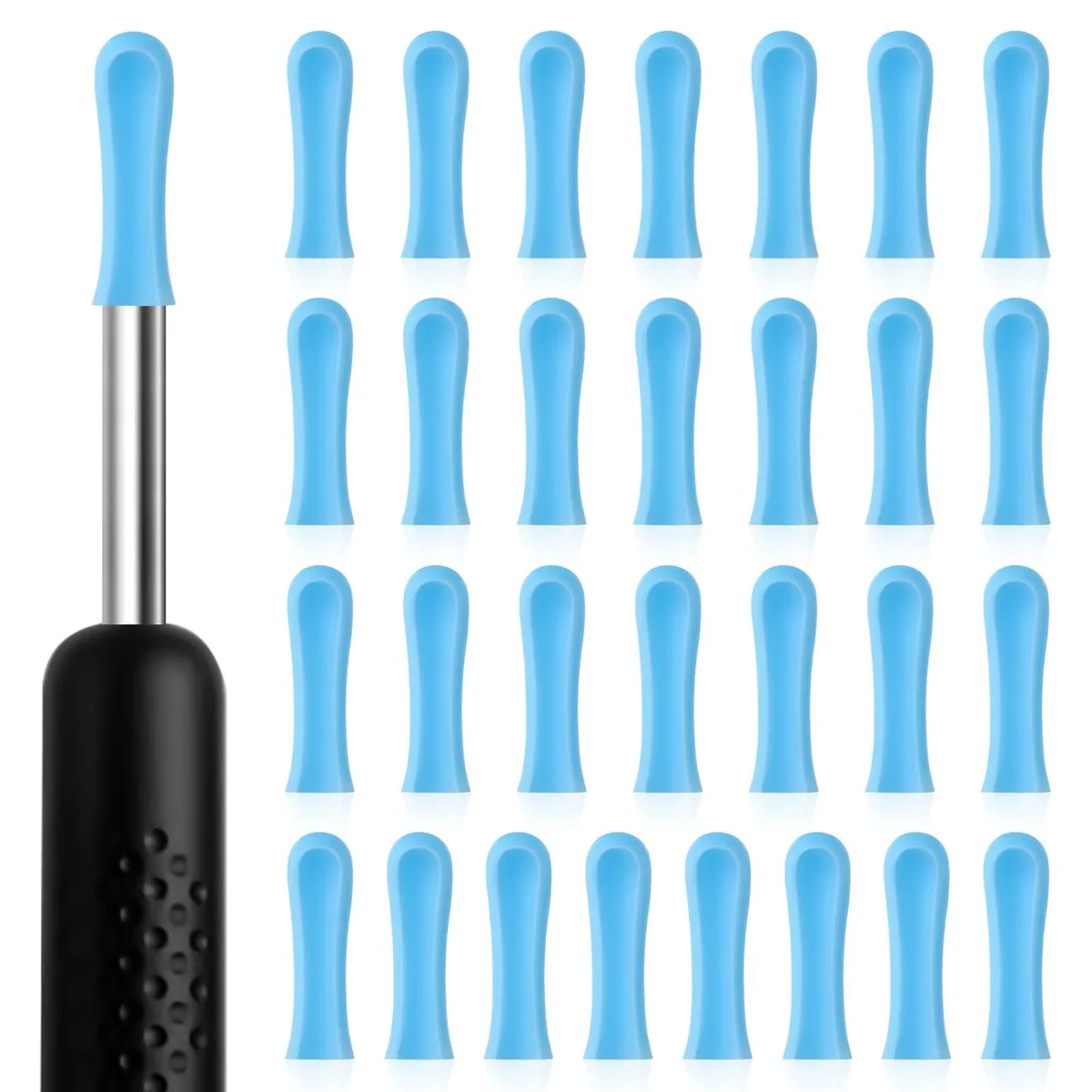 Blue silicone ear spoon tips, thirty small soft caps for otoscope attachment