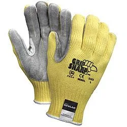 Pair of yellow and gray leather cut-resistant gloves with knit cuffs
