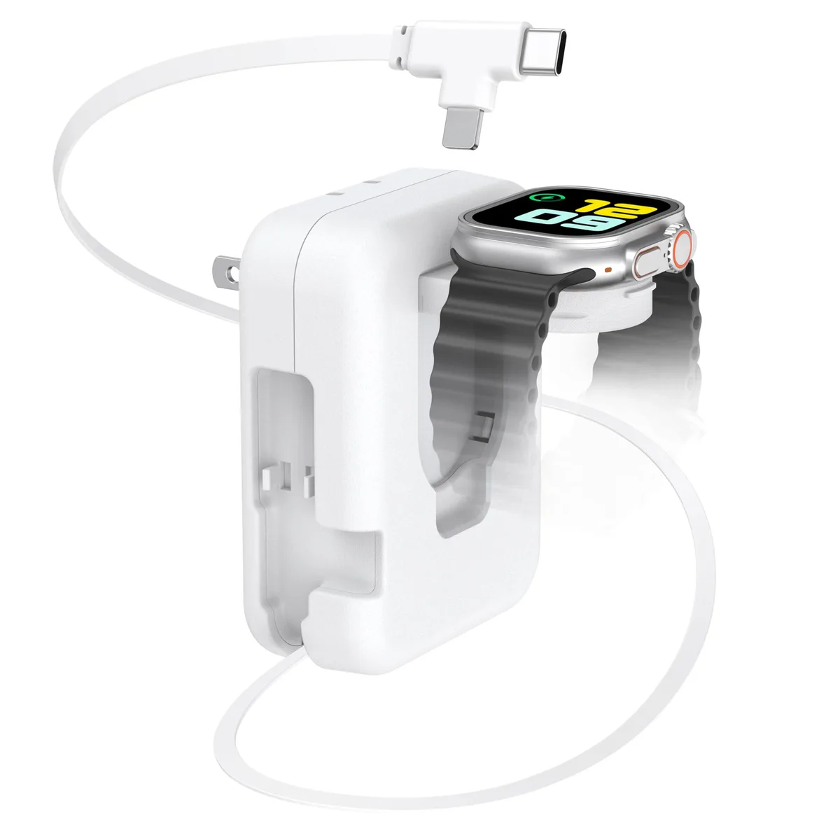 White rectangular wall charger with foldable prongs and a retractable cable plus a circular Apple Watch charging pad