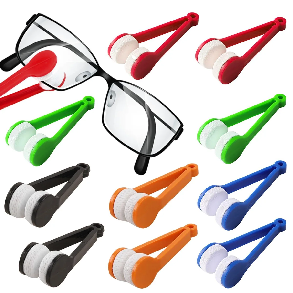 Ten black tweezer-style lens cleaners with microfiber pads and soft brushes, compact with keyring holes
