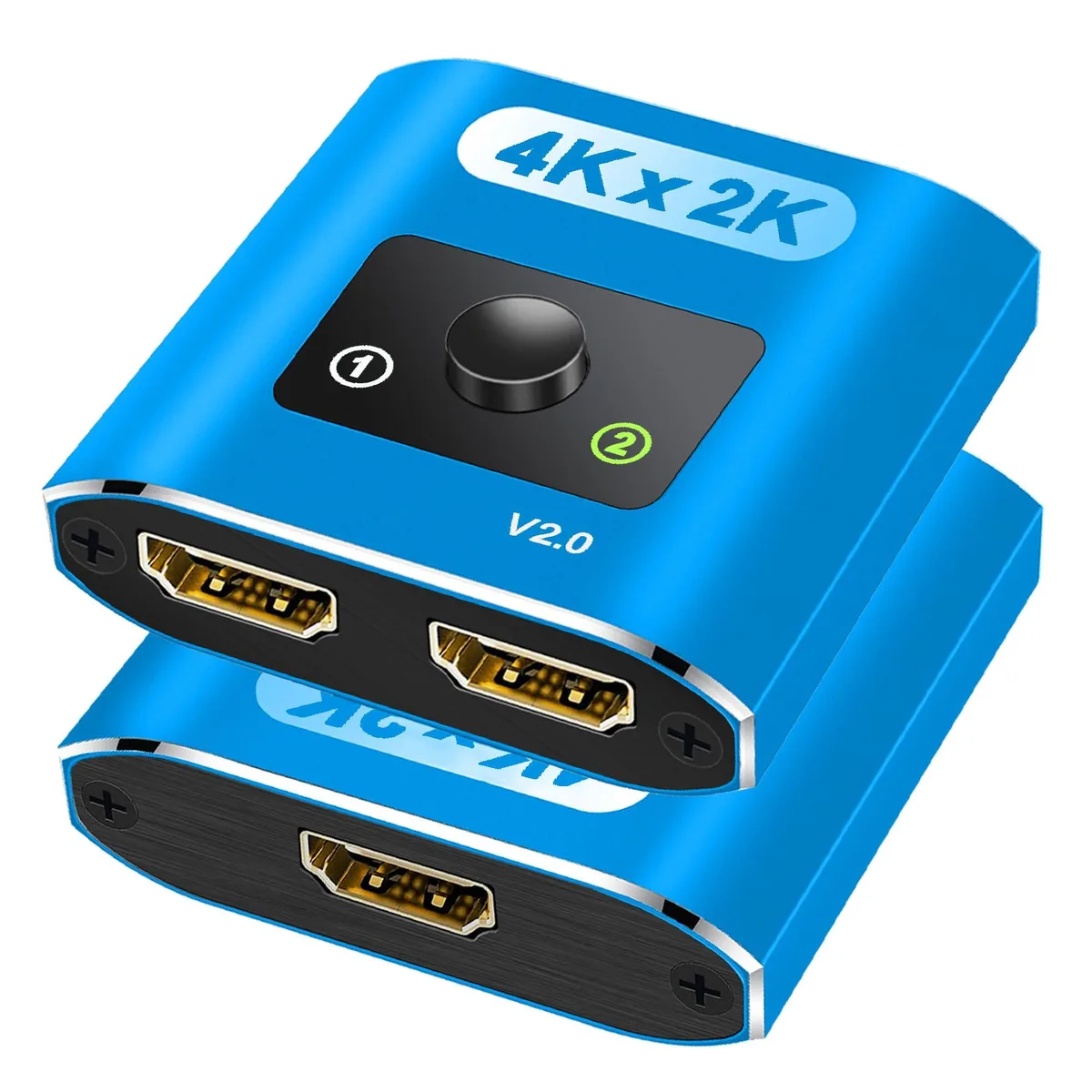 Small blue rectangular HDMI switch with three ports and two indicator lights