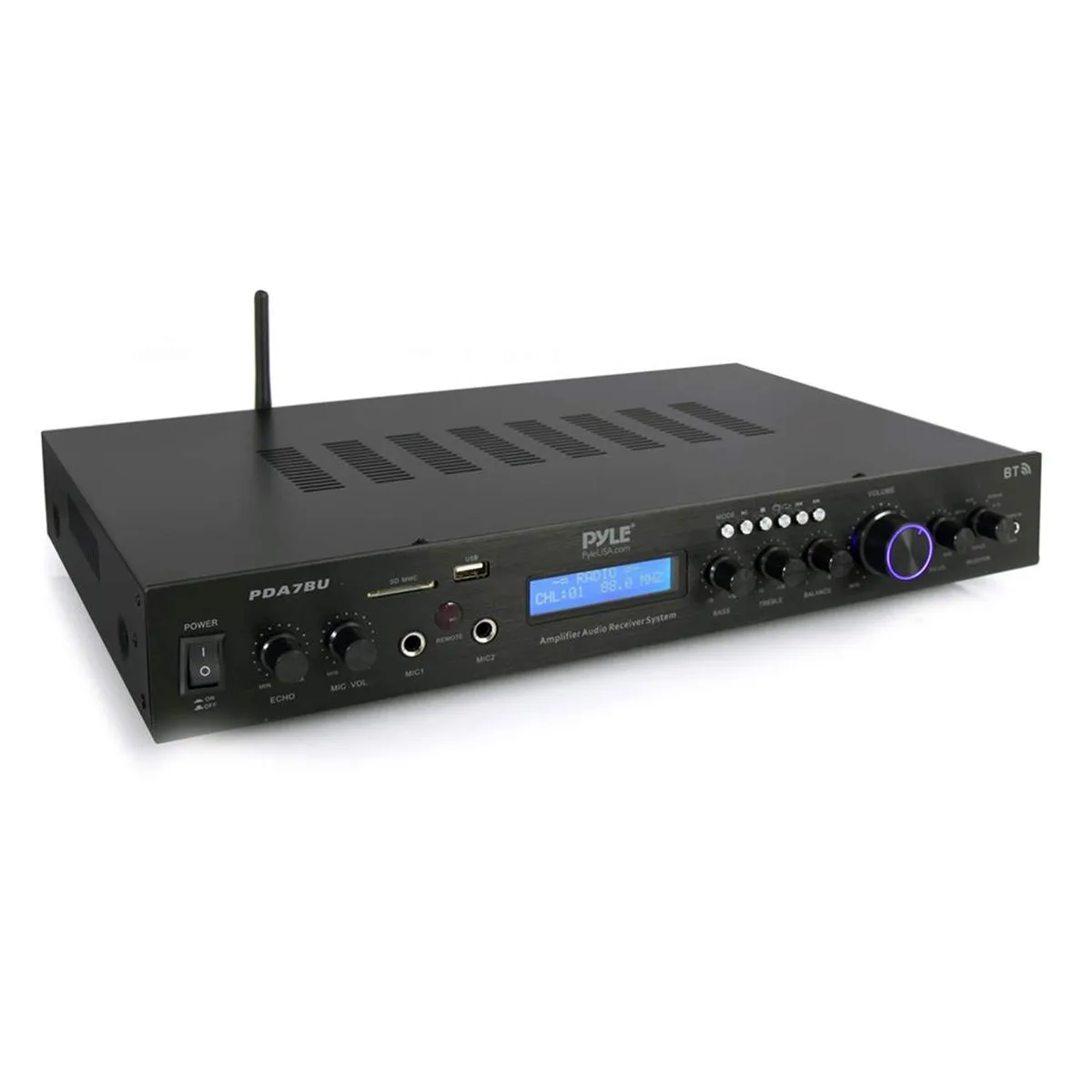 Black rack-mount 5.1 receiver with LCD display and front-panel controls