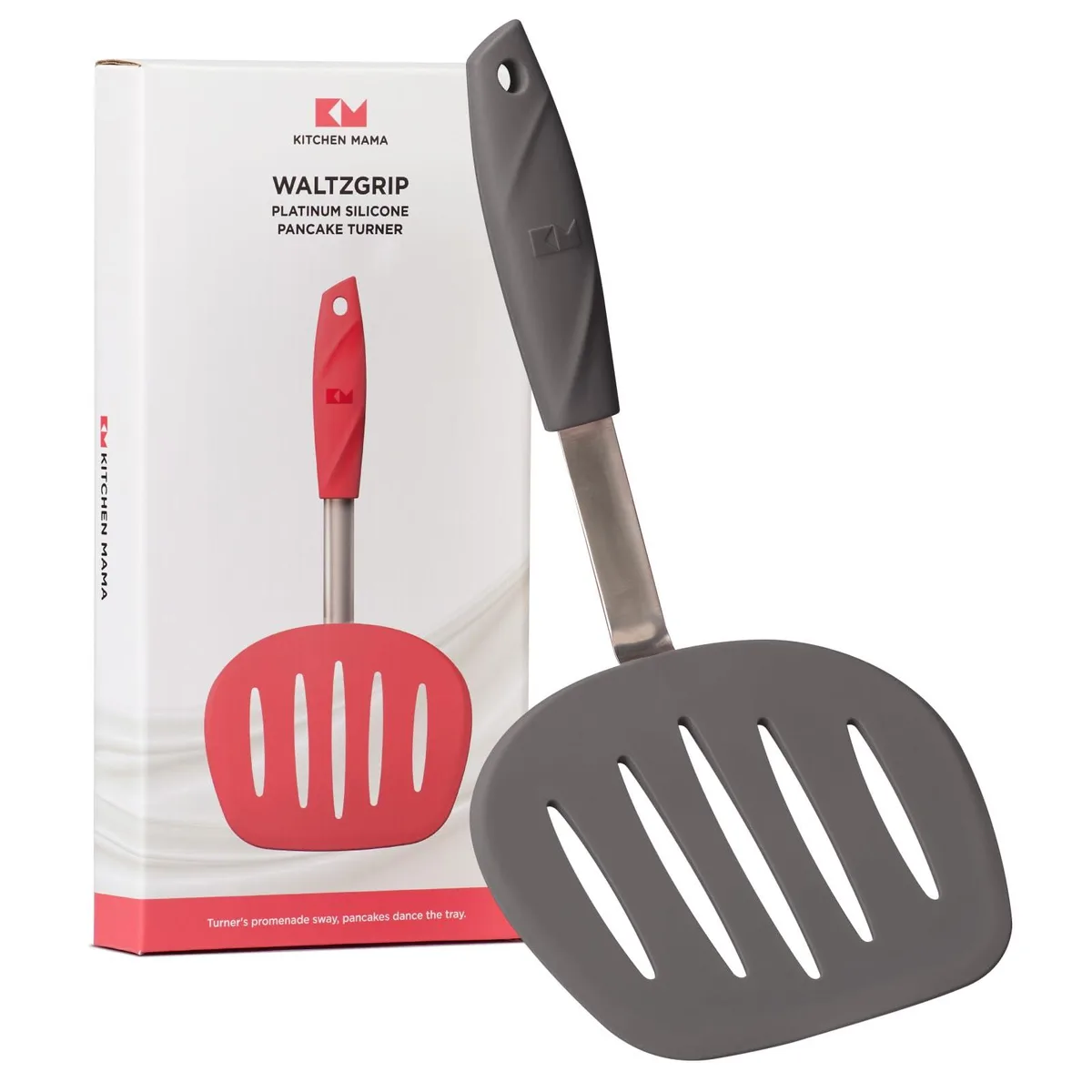 Gray silicone pancake turner with slotted head and ergonomic handle