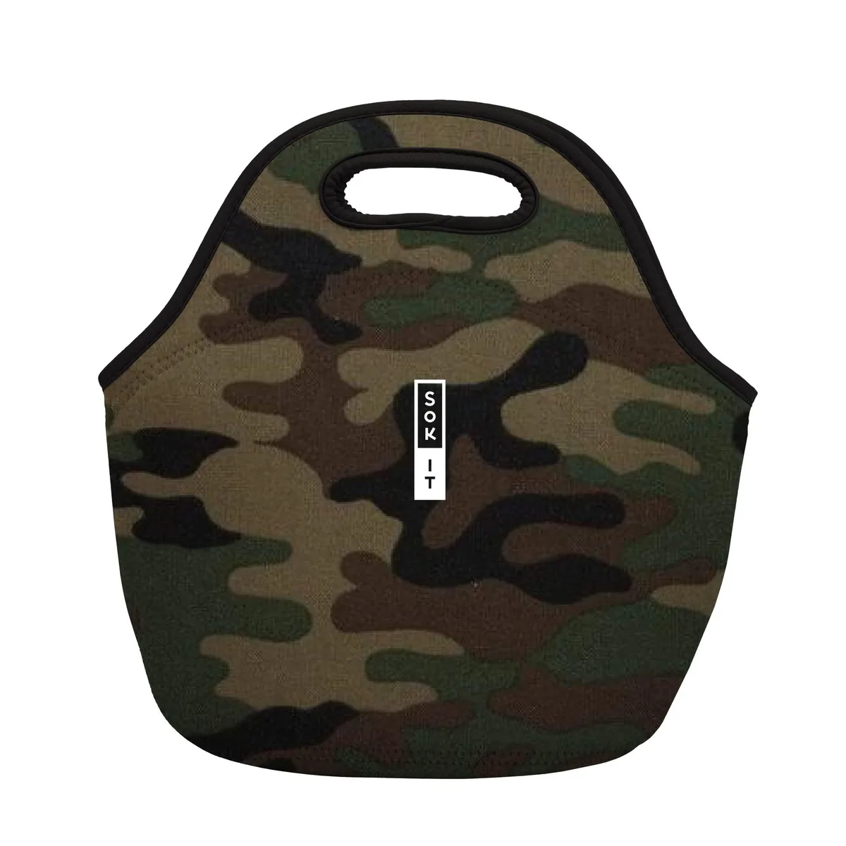 Red insulated neoprene lunch tote with zippered closure and carry handle