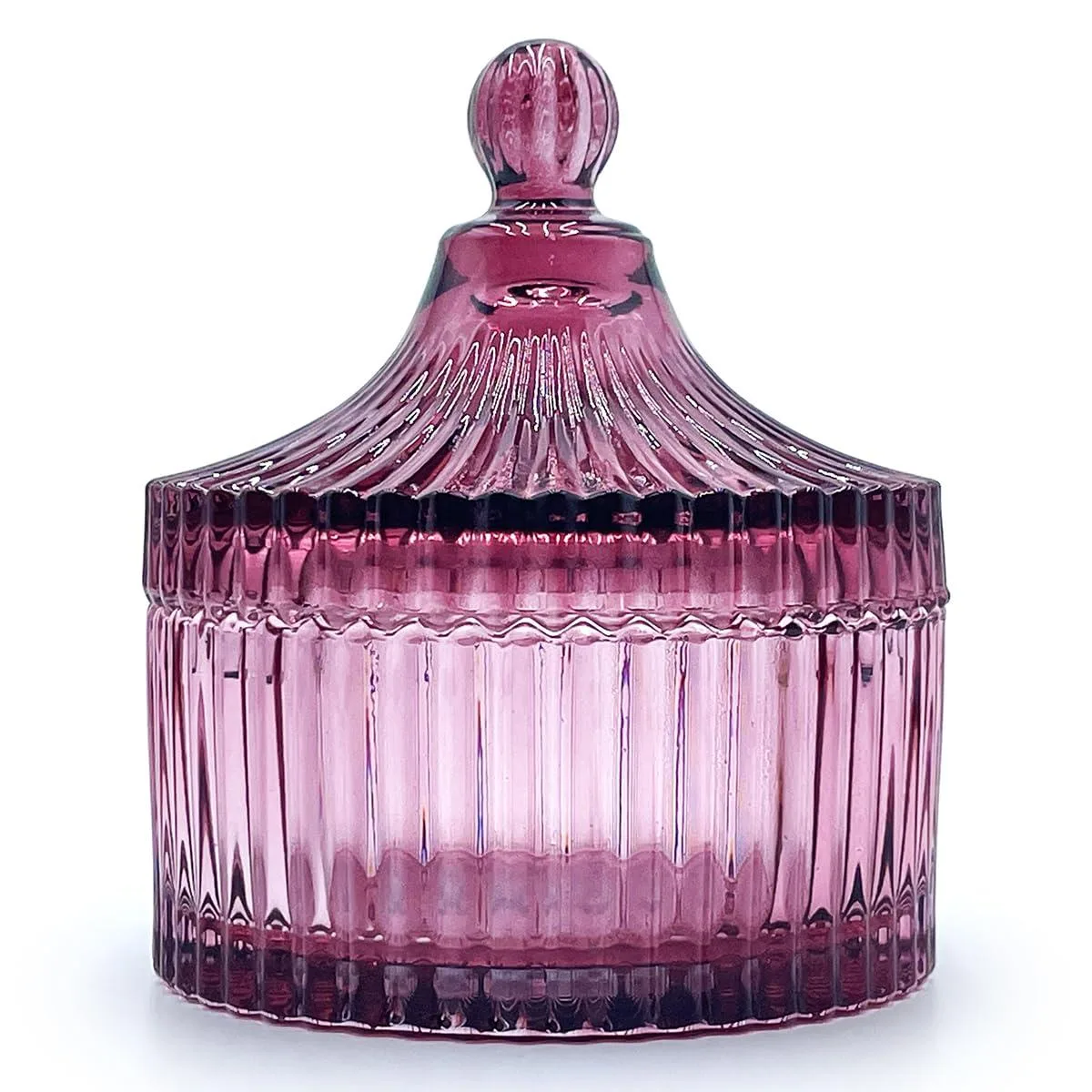 Purplish-red glass jar with diamond-patterned sides and matching lid, 4.2 inches wide