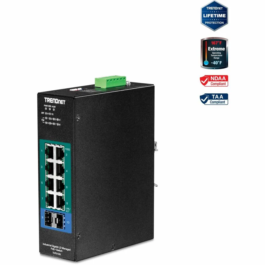 TRENDnet TRENDnet TI-PG102i 10-Port Industrial Gigabit L2 Managed PoE+ DIN-Rail Switch — product photo