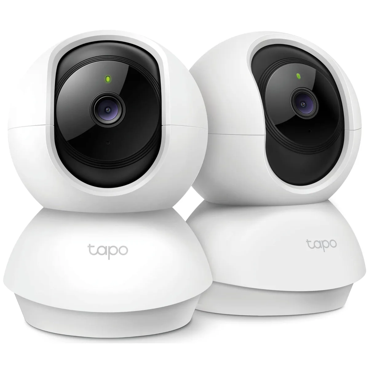 Two white indoor pan/tilt cameras with rounded bodies and matte finish