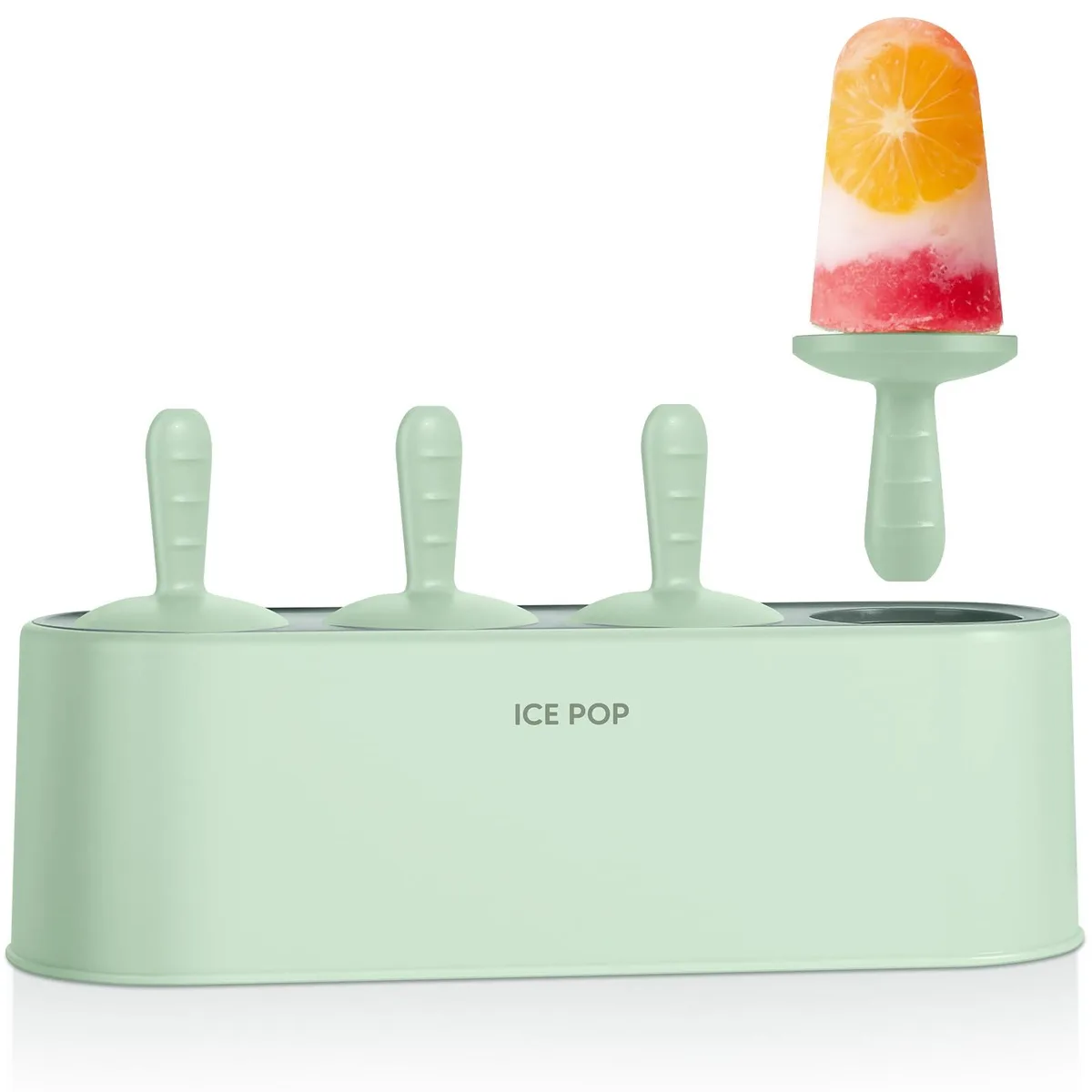Green silicone popsicle mold set with four cavities and reusable sticks, drip tray visible