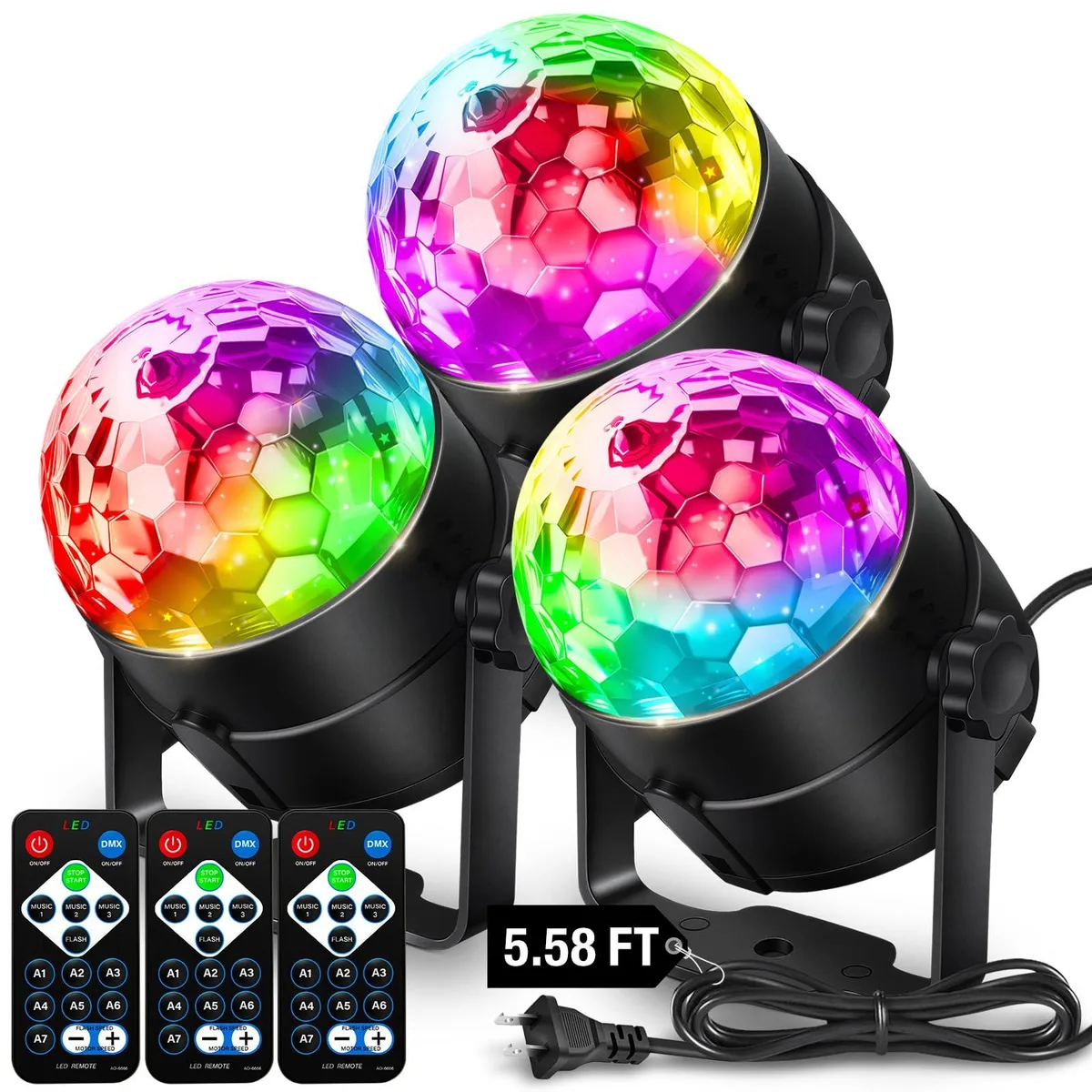 Three black ABS disco spotlights with 5.58ft cords and remote