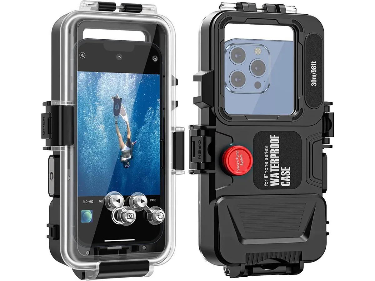 Clear rectangular waterproof housing for iPhone with alloy buttons and tempered glass lens