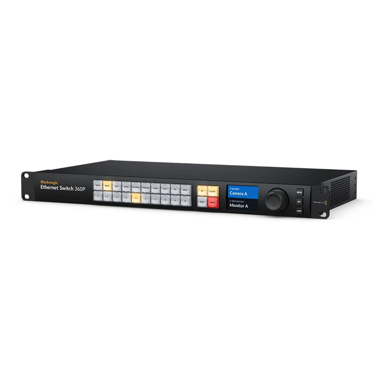 Black rectangular rack-mount switch with front 2.2-inch color display, 24 buttons, search dial, SDI and HDMI monitor outputs