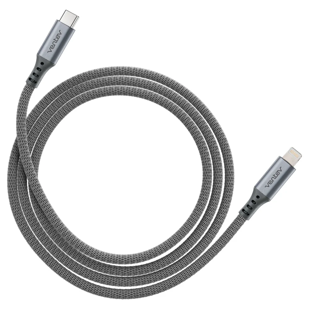 Ventev Alloy USB-C to Lightning cable, 4ft steel gray, brushed aluminum connectors, braided wrap