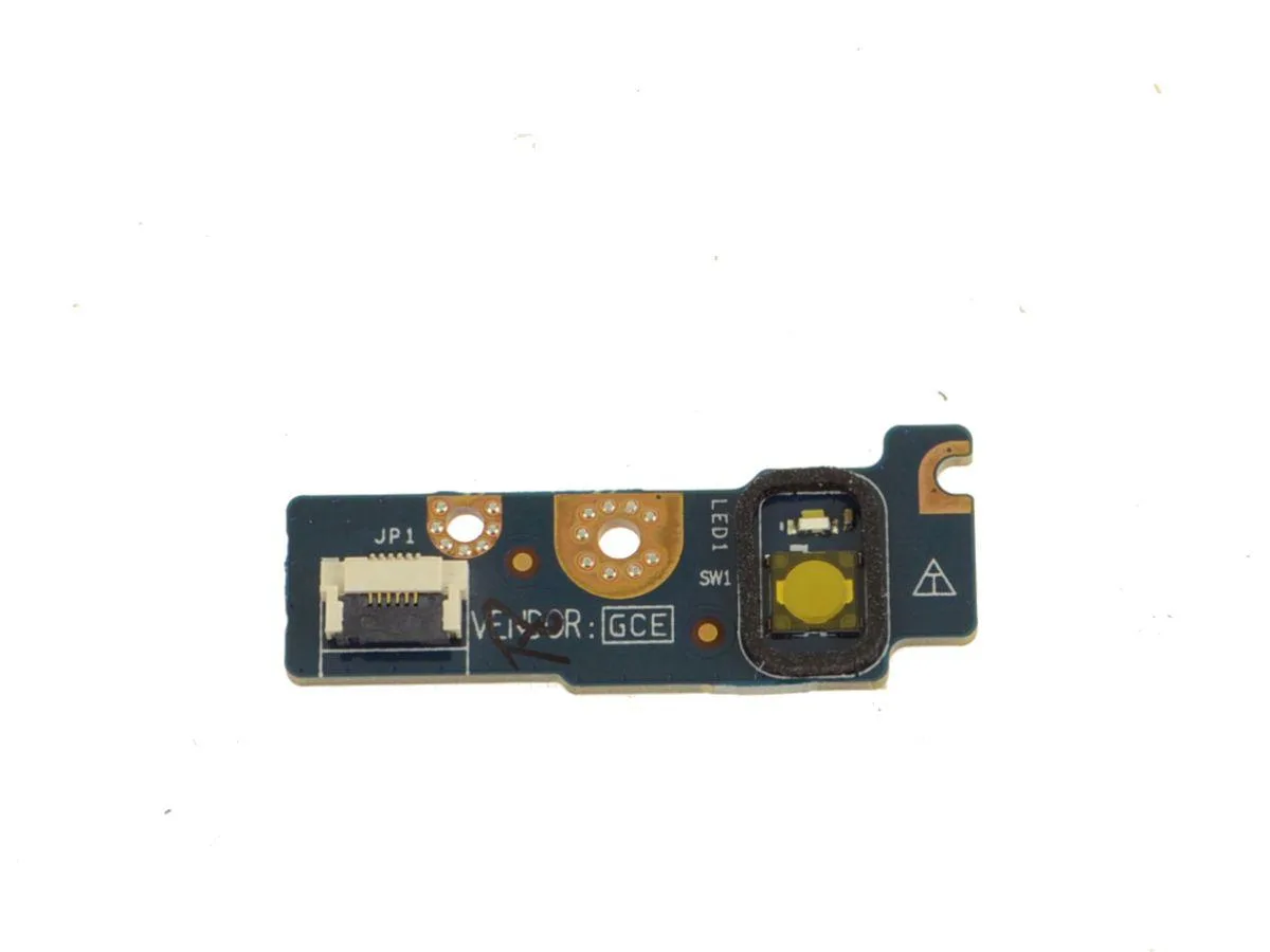 Small green circuit board with silver button and ribbon cable