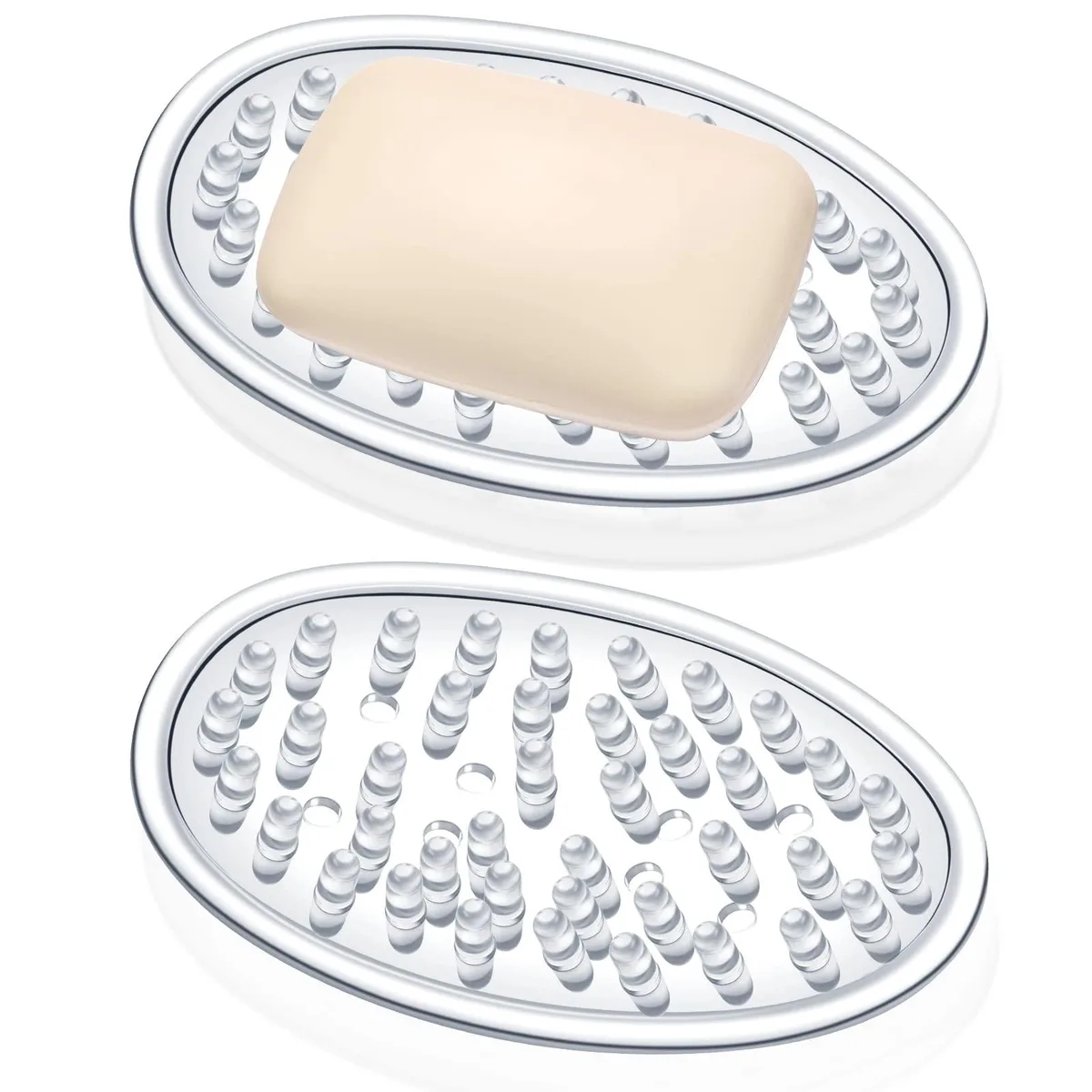 Two clear plastic soap trays with drainage holes and textured base