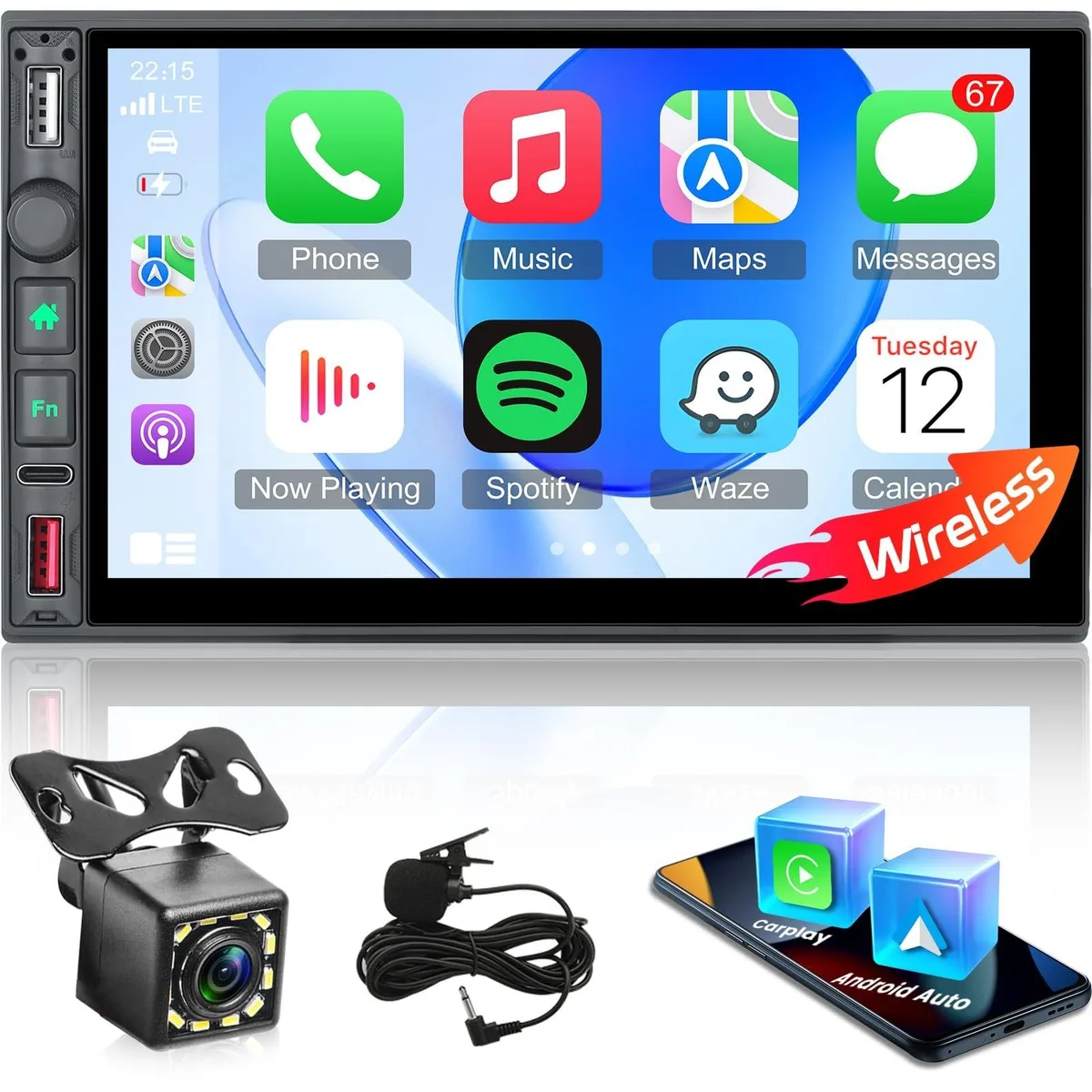 Double DIN car stereo with 7 inch touchscreen, black finish, includes backup camera