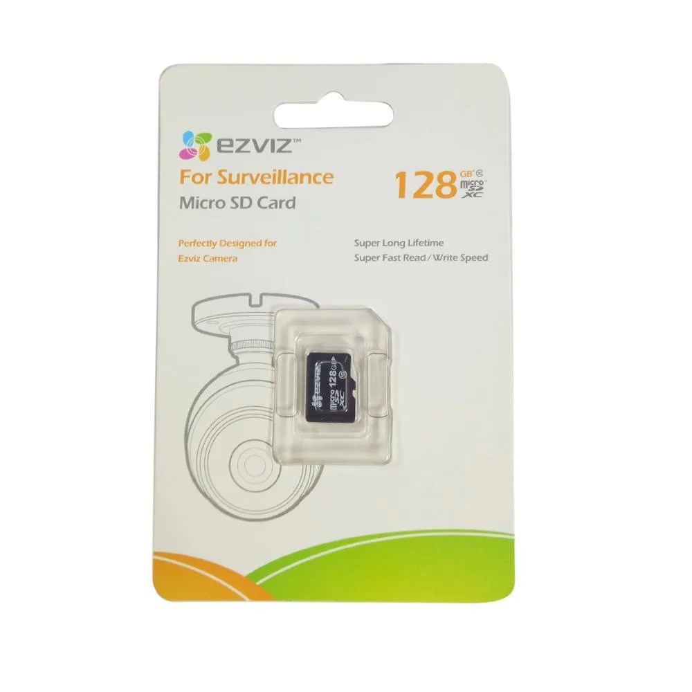 A small rectangular microSD memory card with a black and red label, 128G Class 10