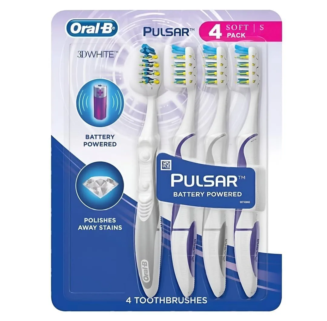 Four assorted colour battery toothbrushes in blister pack