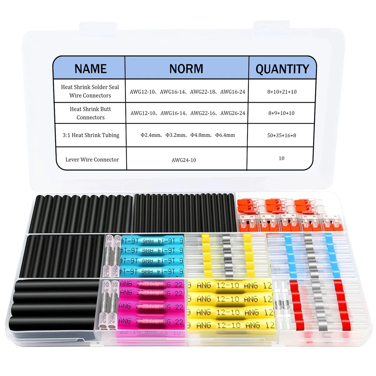 200-piece heat-shrink wire connector kit in black UL-listed packaging