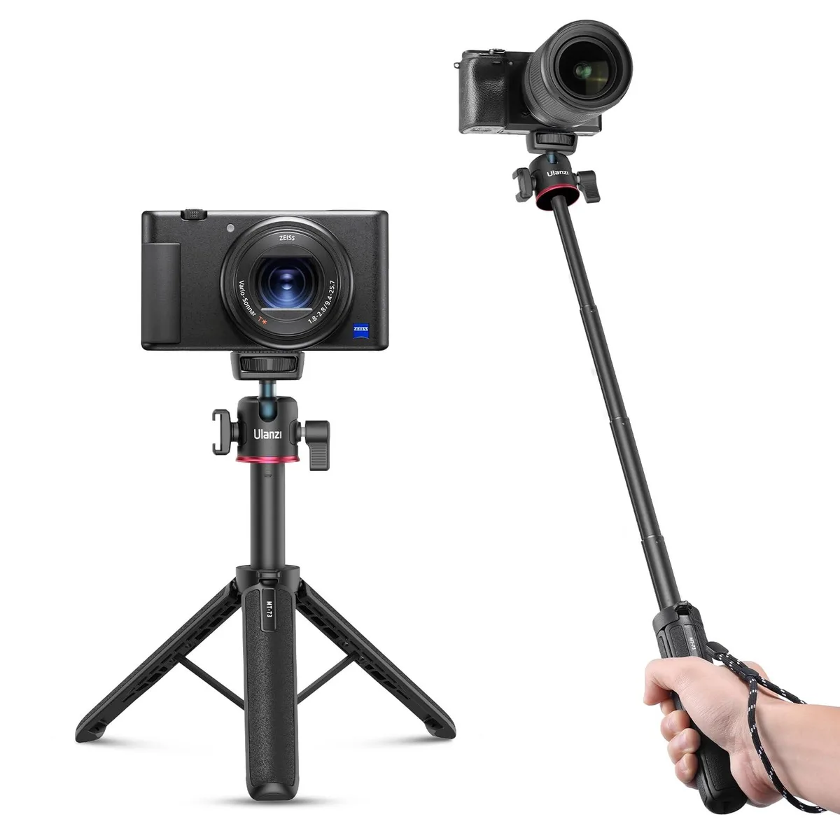 Ulanzi MT-73 compact tripod selfie stick with rubber grip and hand strap, extended to 21.3 inches
