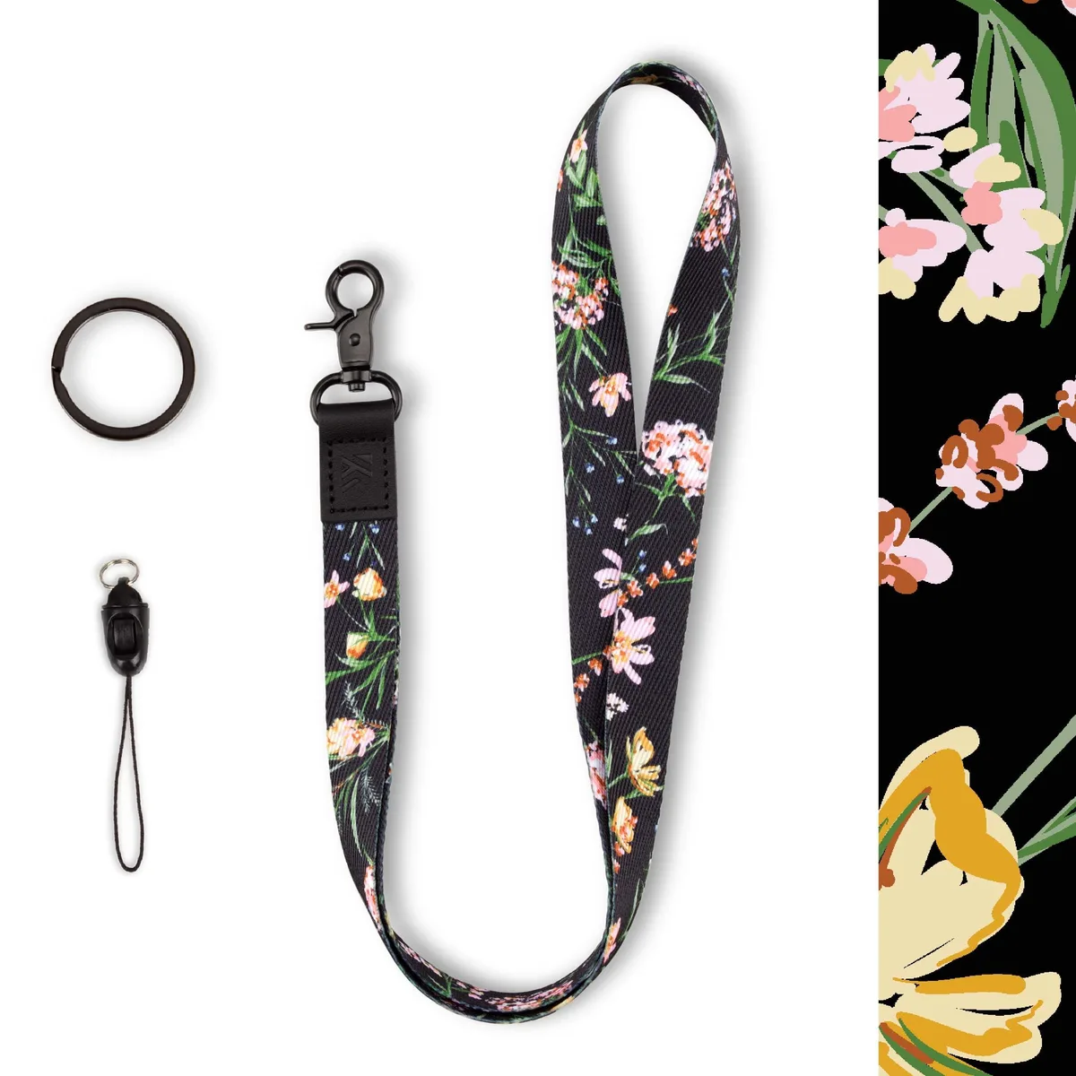  KAMT KLYD003 wallet lanyard Black floral large — product photo