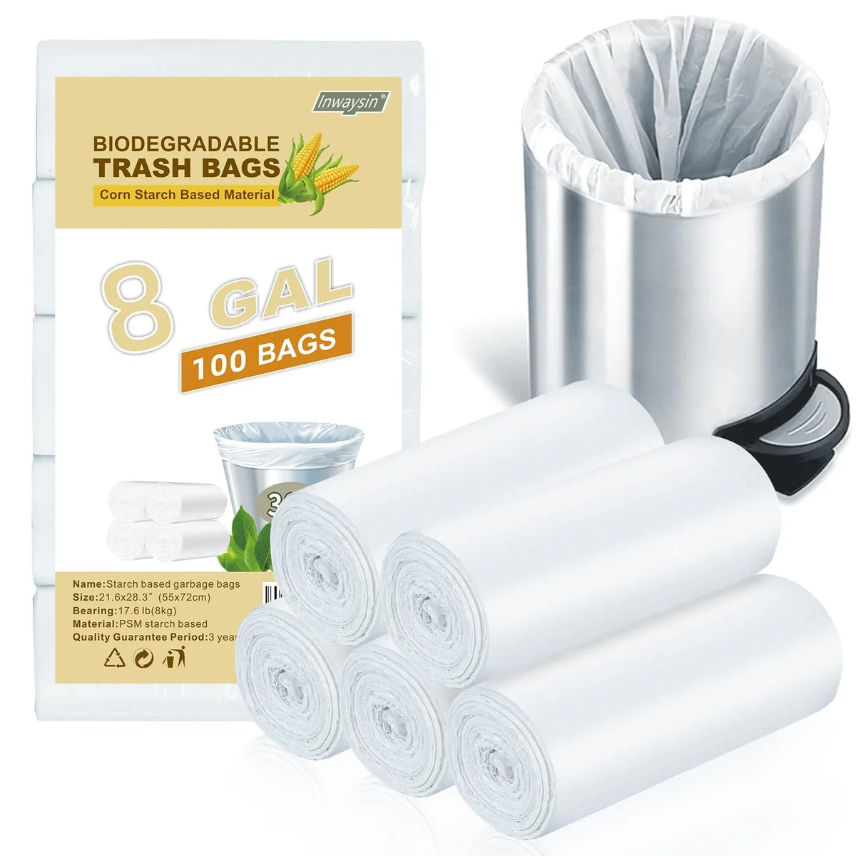 White compostable trash bags on five rolls, 100 count