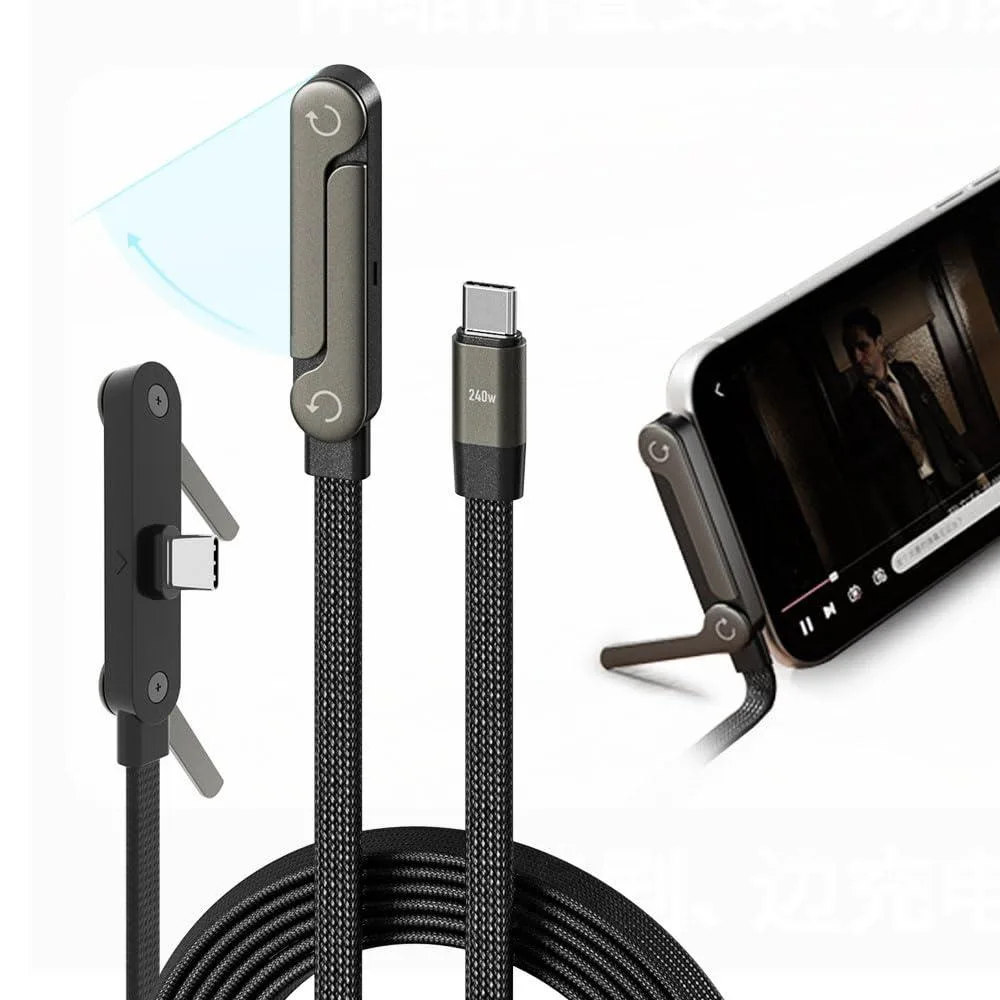 Black flat USB-C to USB-C cable with right-angle connector and folding stand