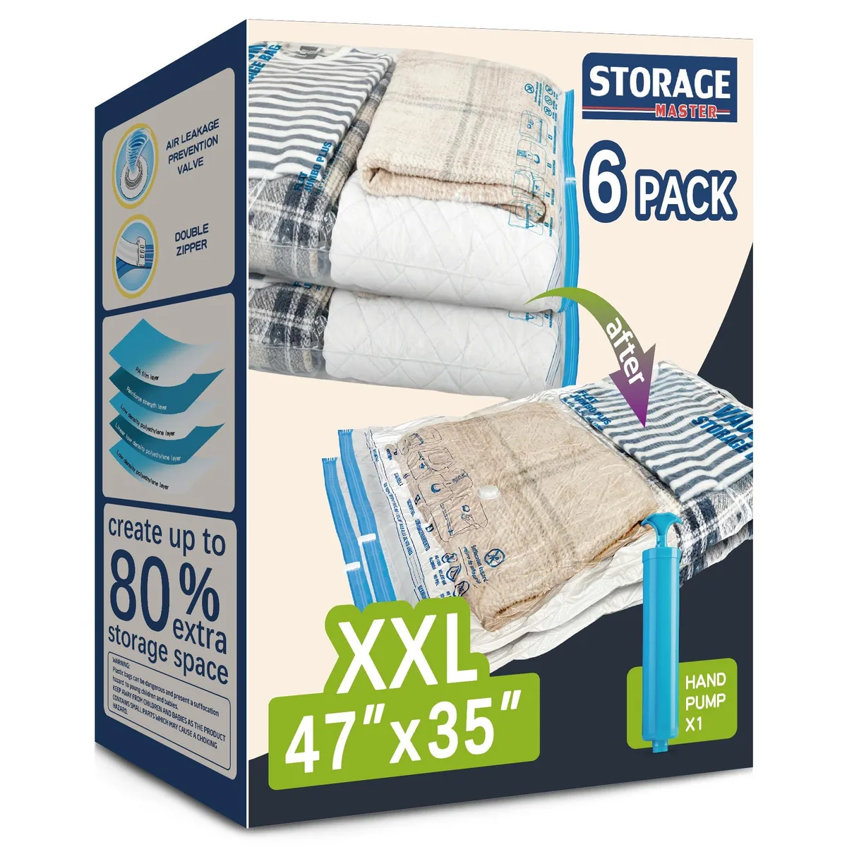 Clear rectangular vacuum storage bag with zip seal and valve, hand pump beside it