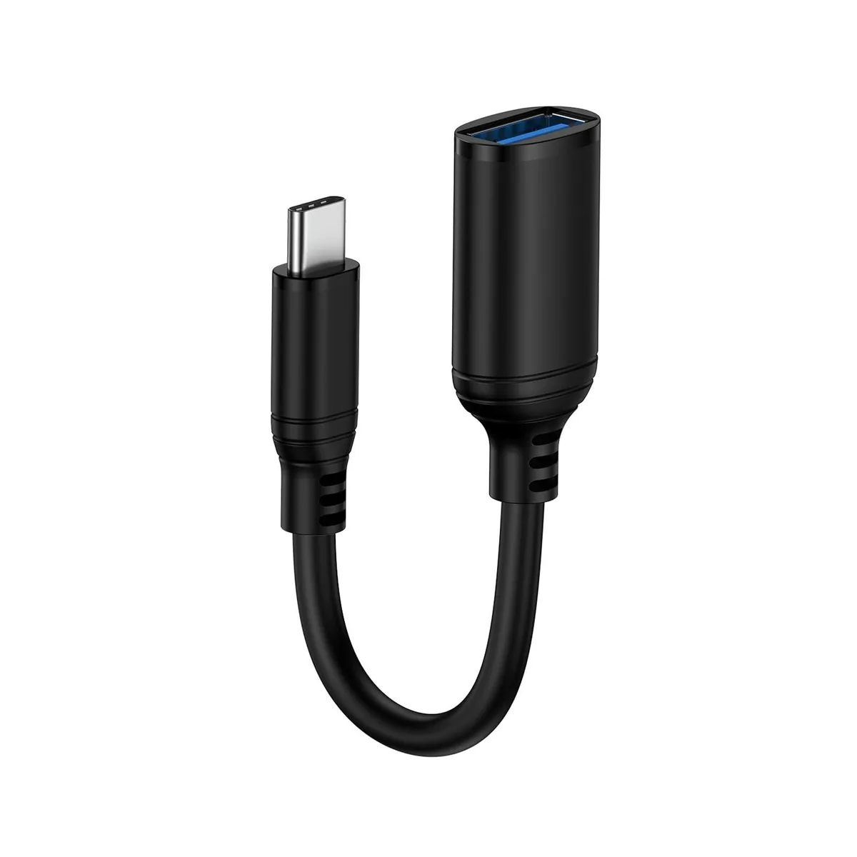 Black USB-C male to USB-A female adapter with short cable