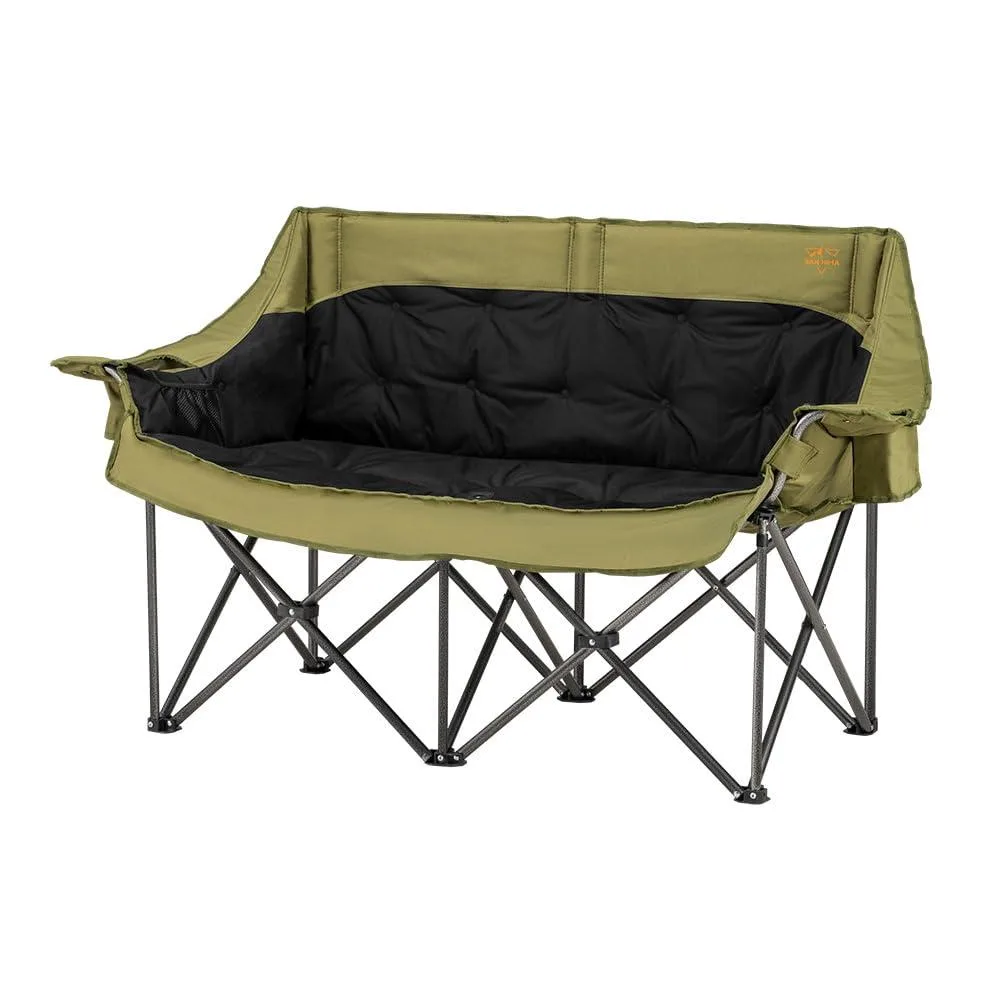 Green camouflage double folding chair with thick padded seat and steel X-frame