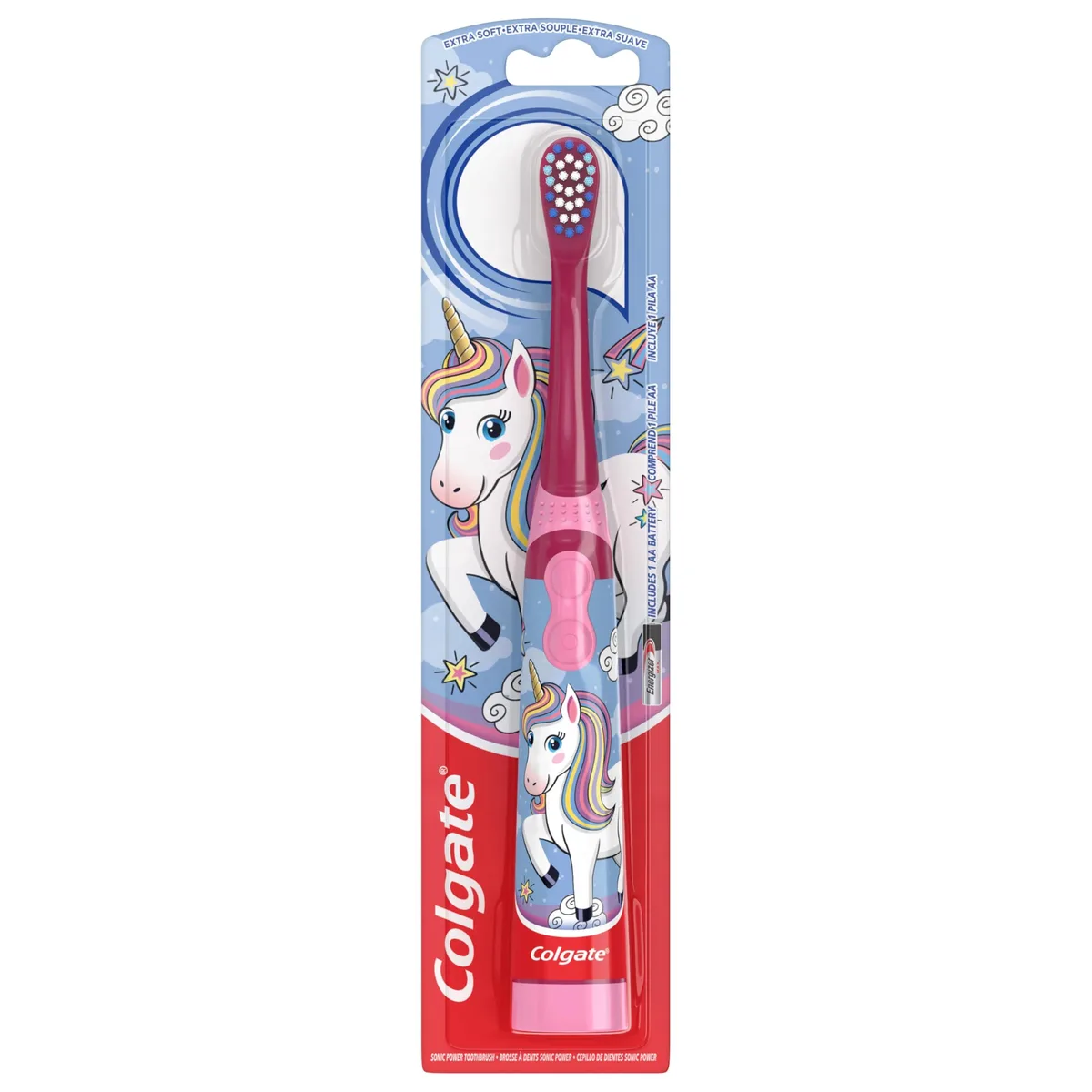 White battery toothbrush with unicorn handle, flat base, extra soft bristles, AA battery included