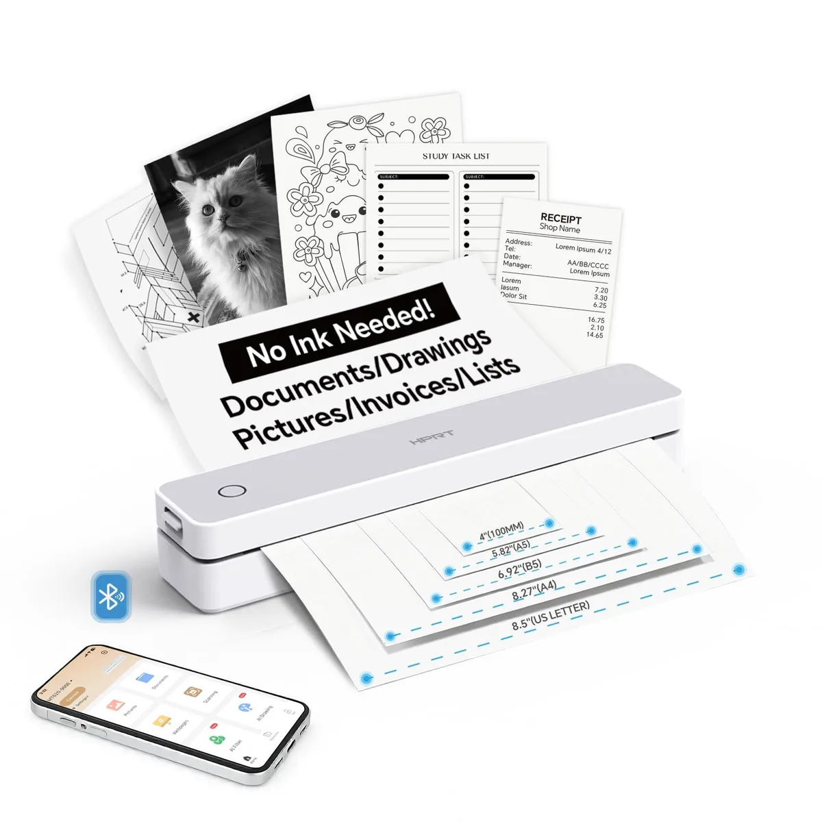 Compact white portable thermal receipt printer with paper roll visible