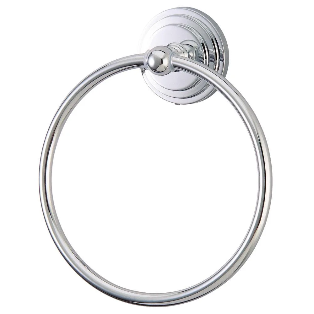 A circular satin nickel towel ring mounted on a round wall plate