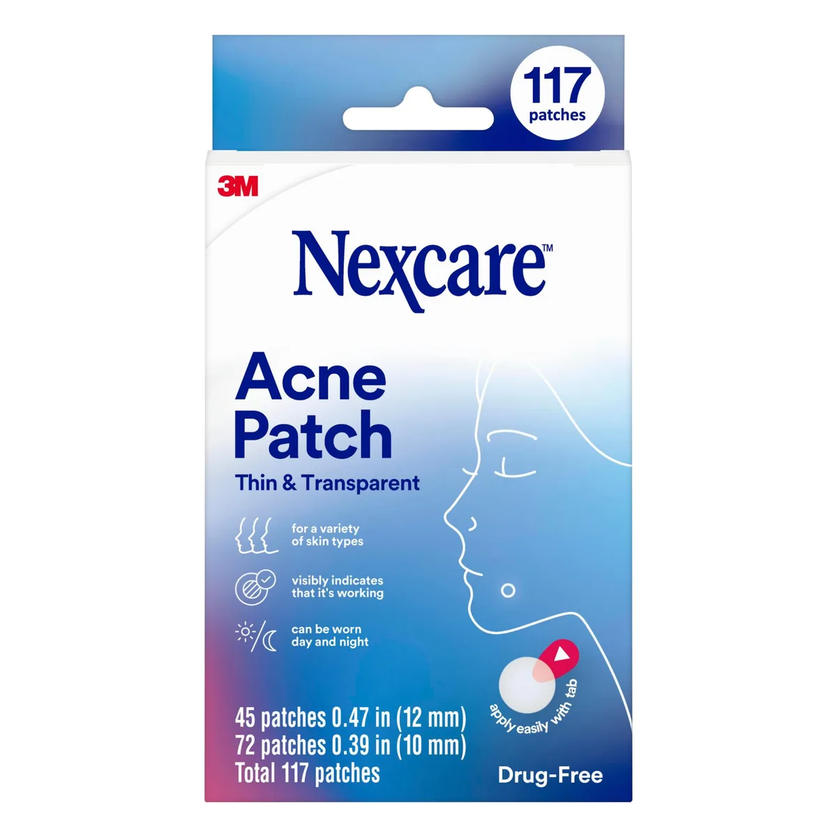 Clear rectangular box containing 117 thin transparent hydrocolloid acne patches with grab tabs