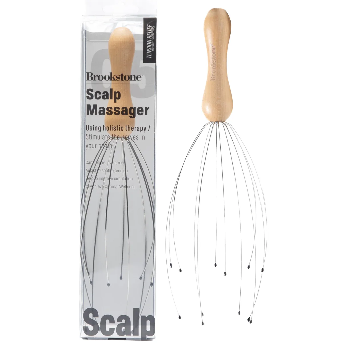 Handheld oak-handled wire scalp massager with flexible copper fingers