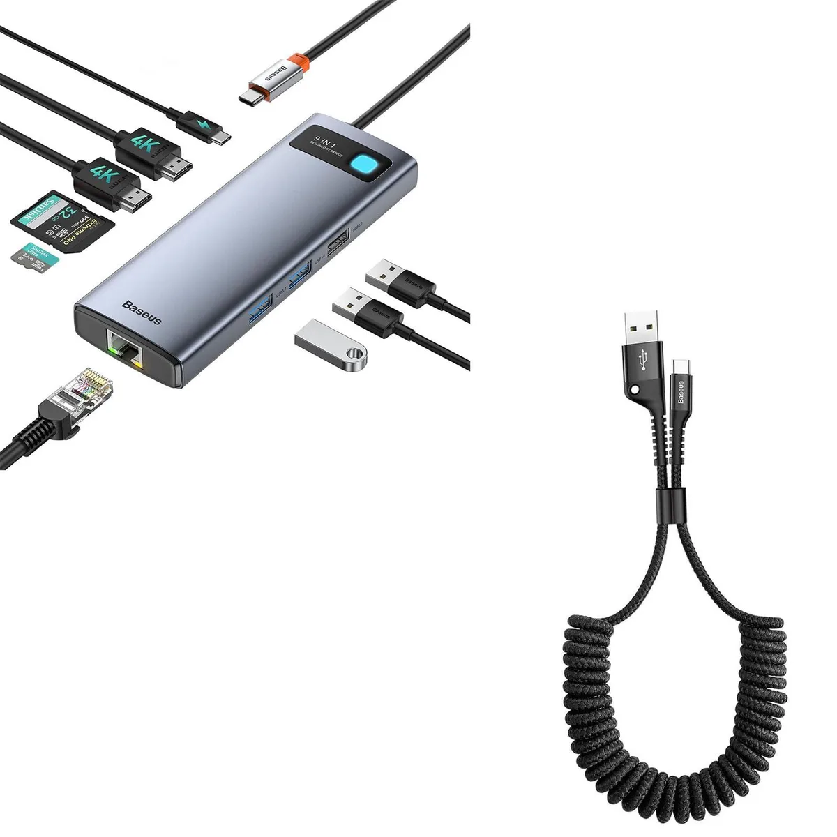 BASEUS BASEUS 9 in 1 Docking Station + Retractable USB-A to USB-C Cable 3FT — product photo