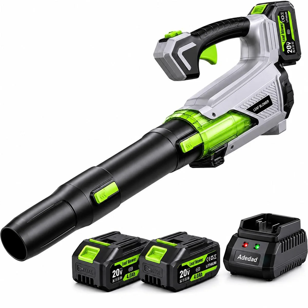 Handheld cordless leaf blower with two detachable tubes, orange and black finish, includes two batteries and charger