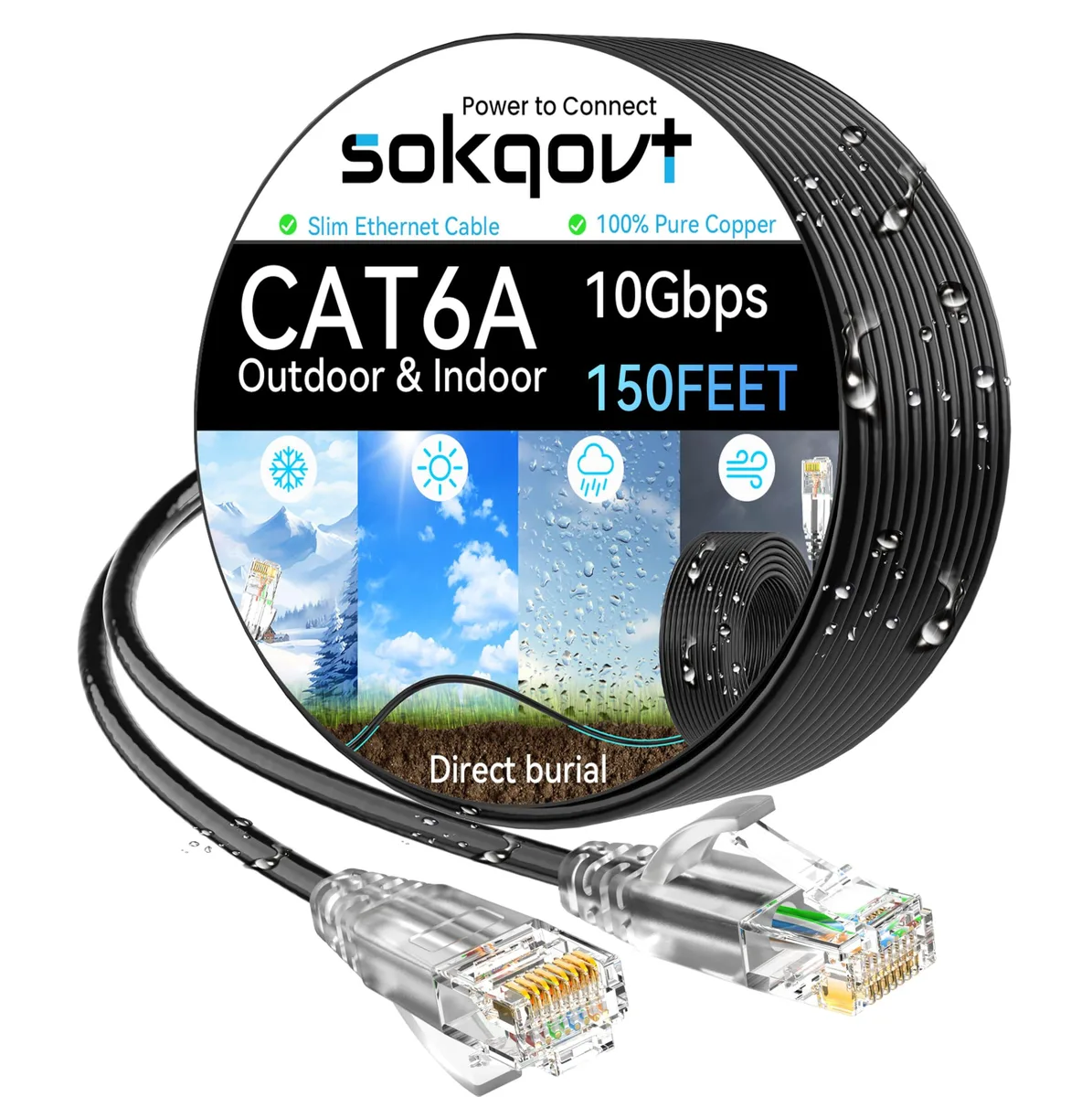  Sokqovt Cat6a Slim Ethernet Cable 150ft 28AWG Black — product photo