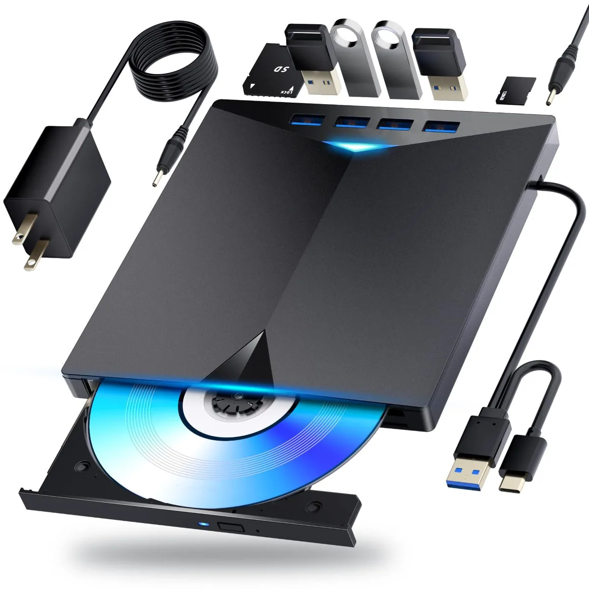 Dainty External Blu-Ray Drive USB 3.0 Type-C Black BD DVD CD Read Write TF SD USB Hub — product photo