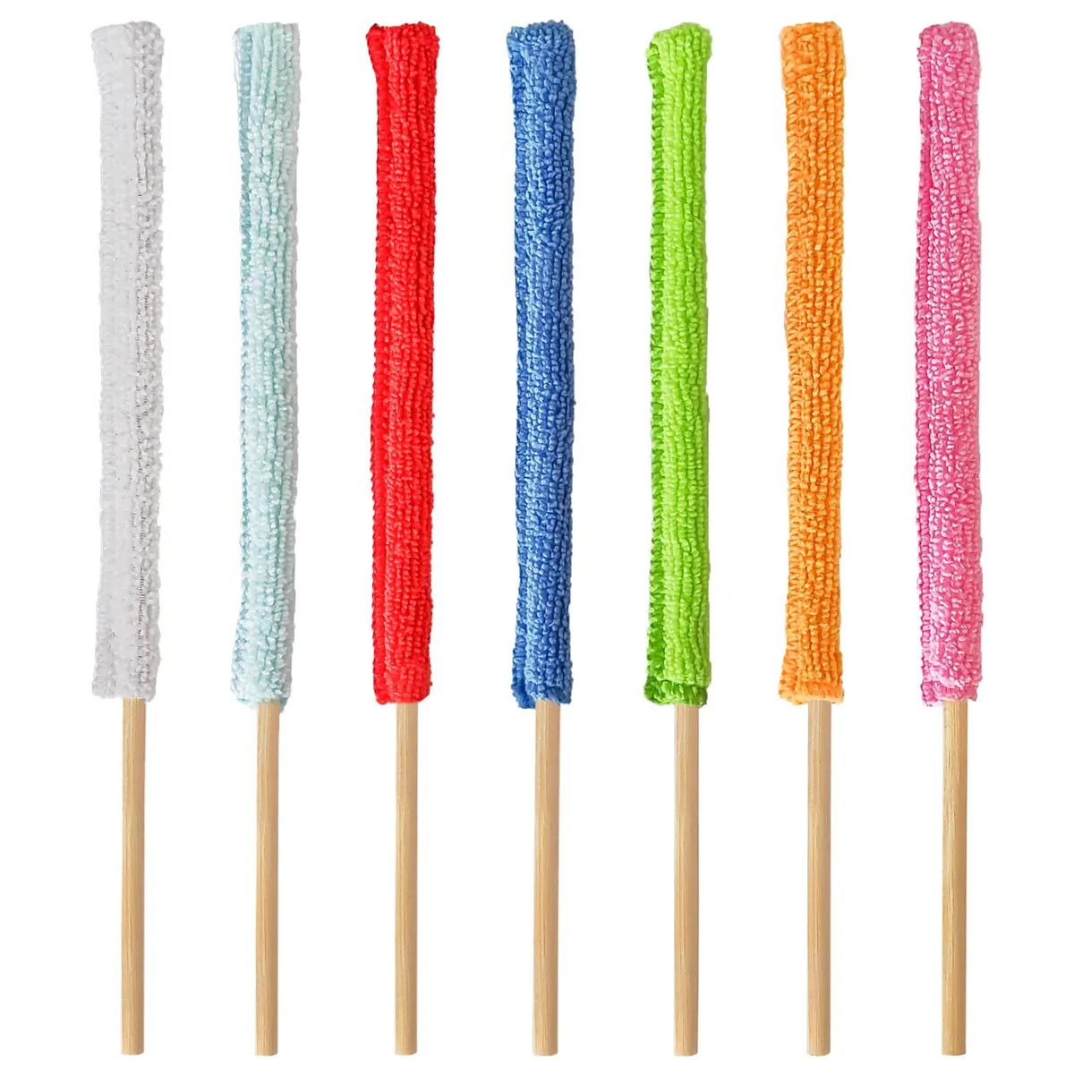 A set of 28 slim microfiber dusters on bamboo sticks in assorted bright colours