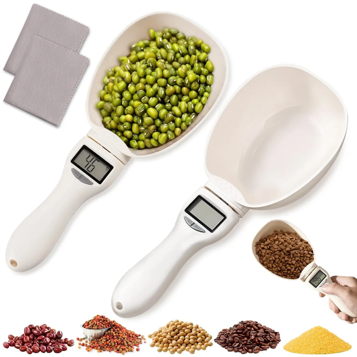 Two white digital measuring spoons with LCD screens