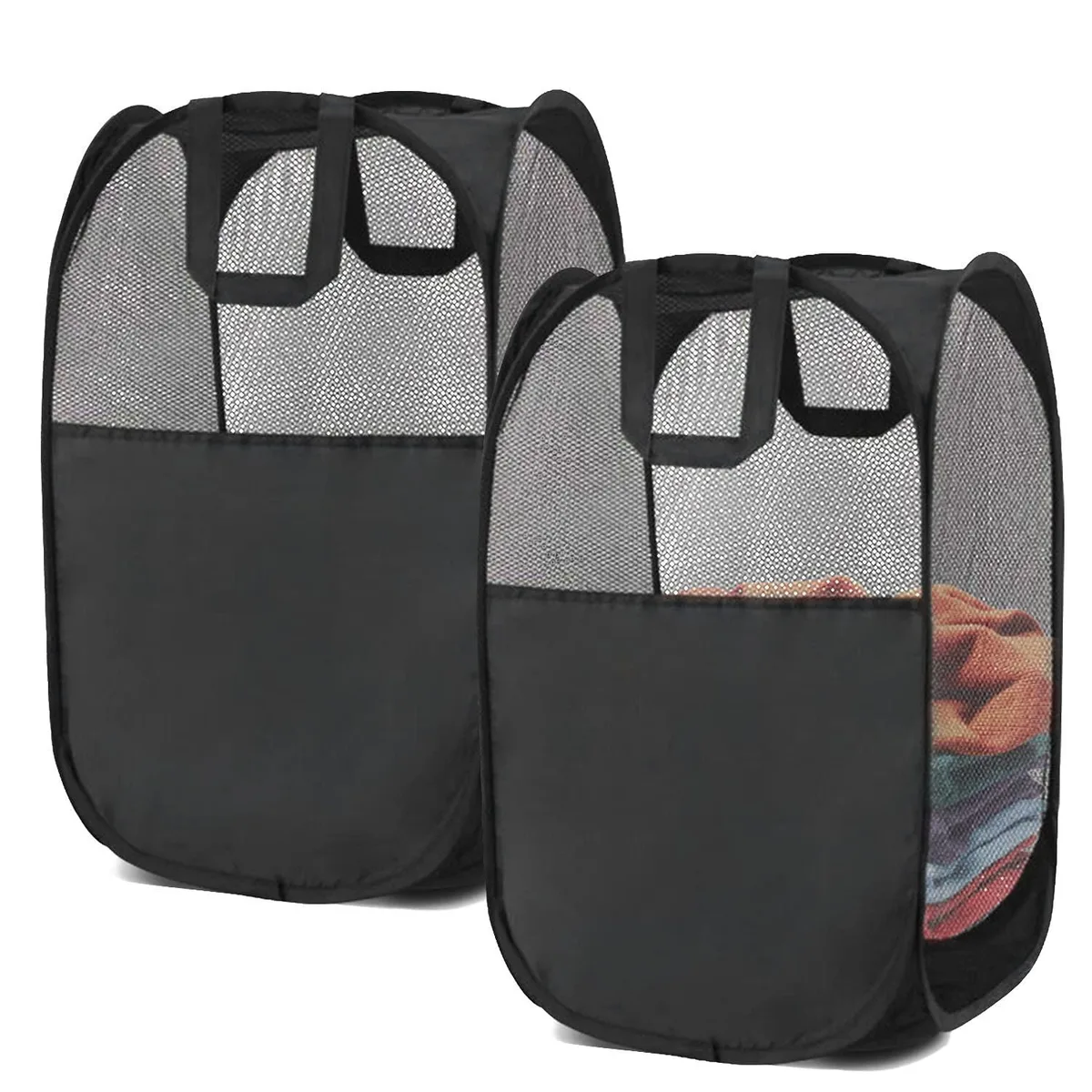 Two black foldable mesh laundry tubs with reinforced handles, square shape 14.2 by 23 inches