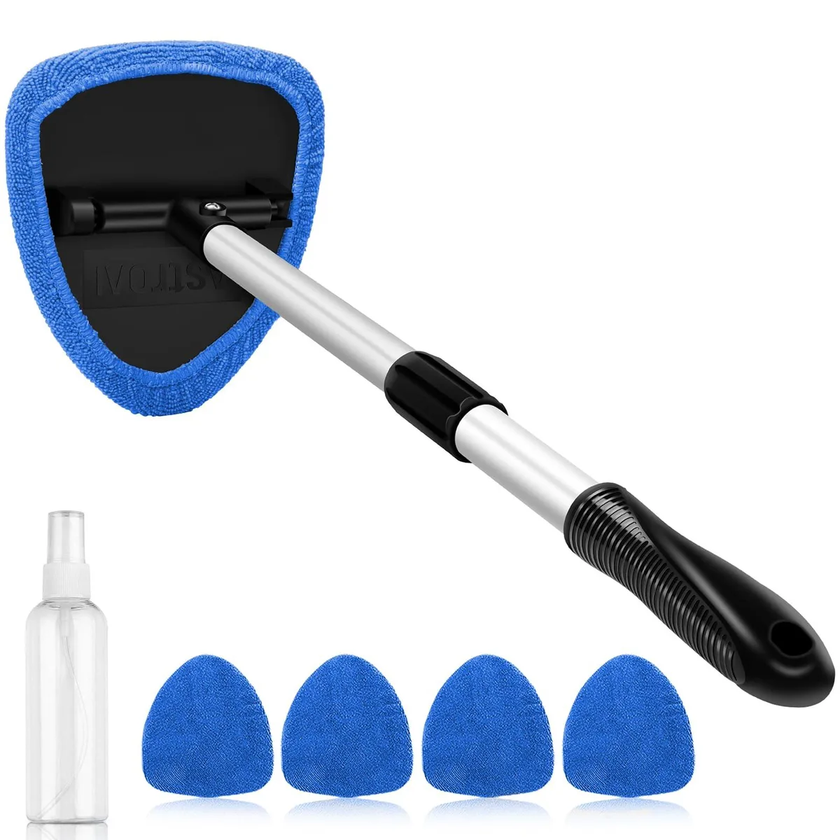Blue extendable windshield cleaner with four microfiber pads spray bottle and storage bag
