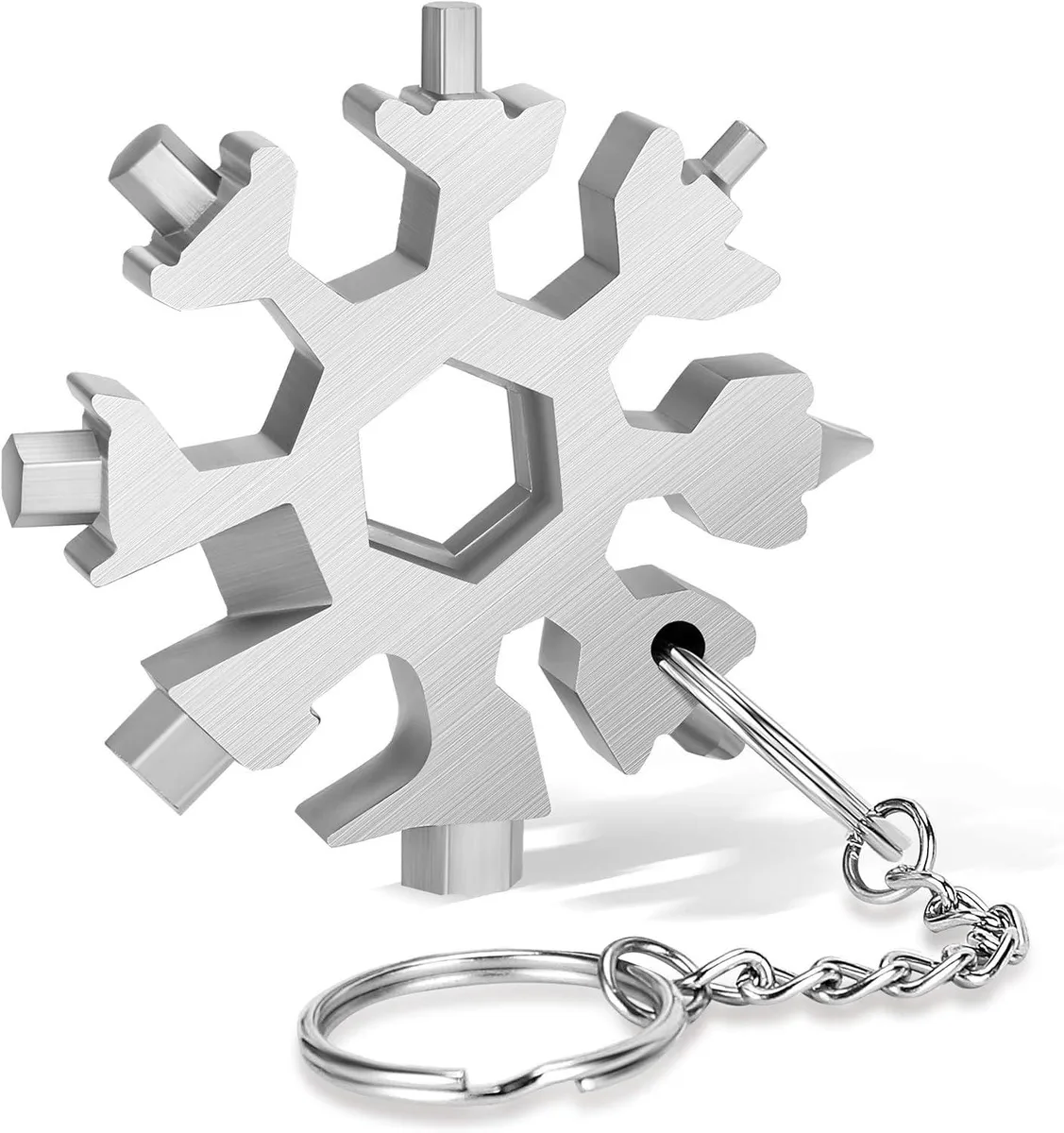 Silver snowflake-shaped multi-tool with 18 functions, compact stainless steel design