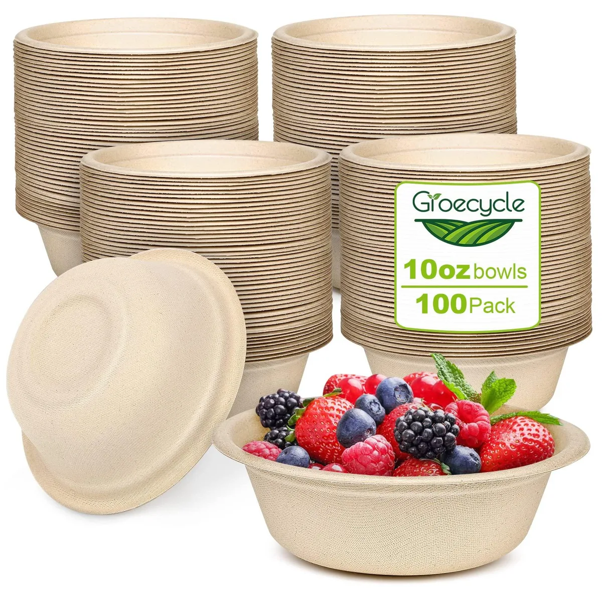 Stack of 100 round brown compostable bowls 10 oz